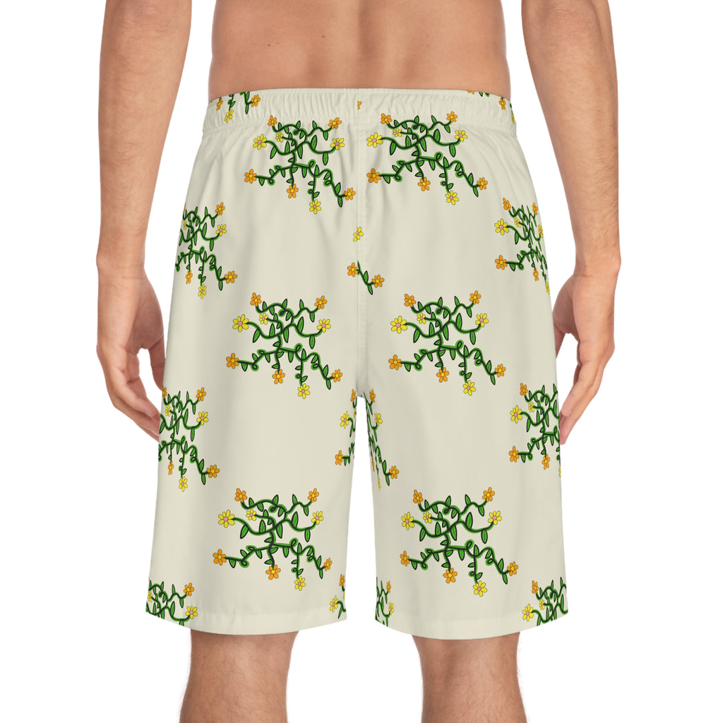 Hand-Drawn Yellow Orange Pink Floral Vine Pattern Board Shorts | AOP All-Over Print