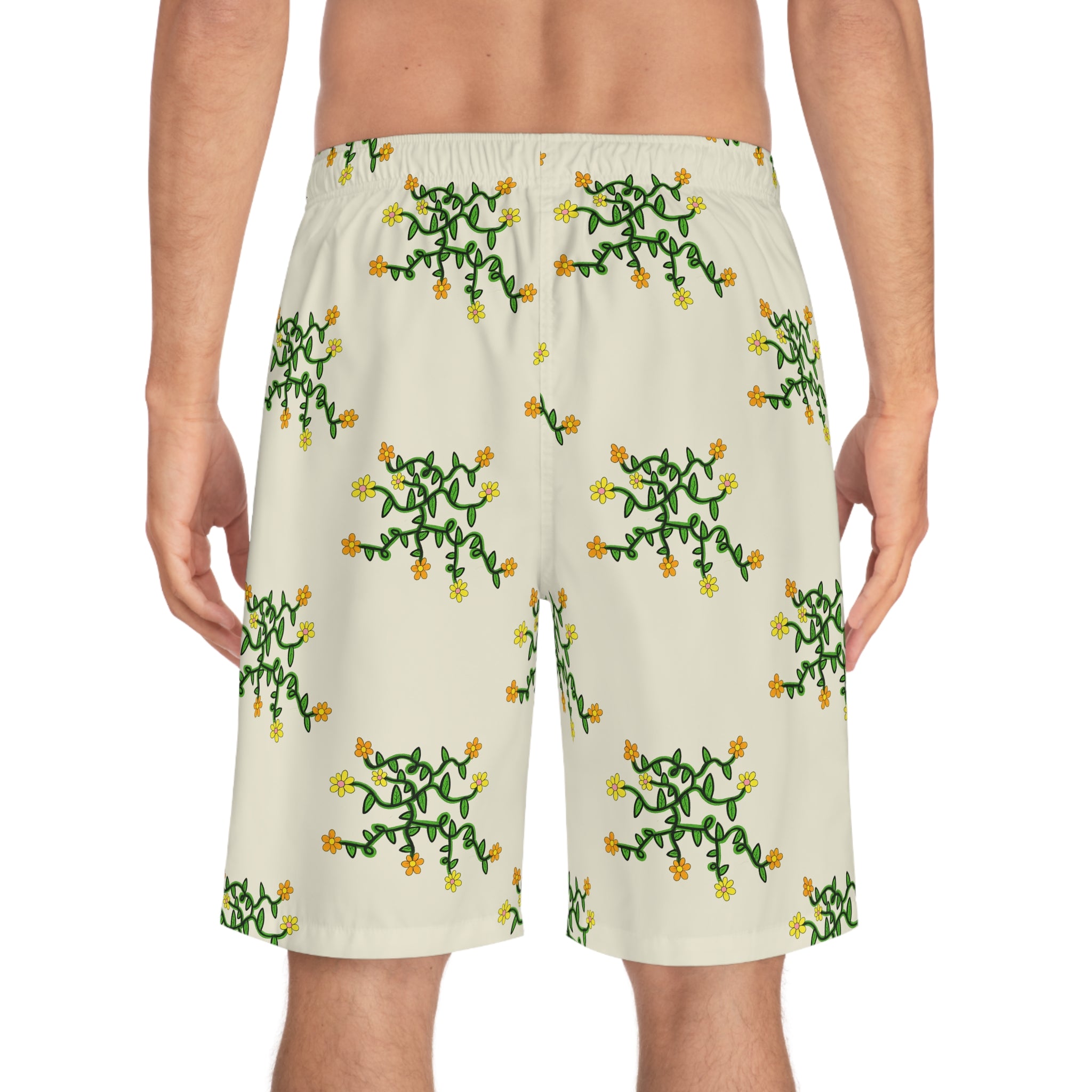 Hand-Drawn Yellow Orange Pink Floral Vine Pattern Board Shorts | AOP All-Over Print