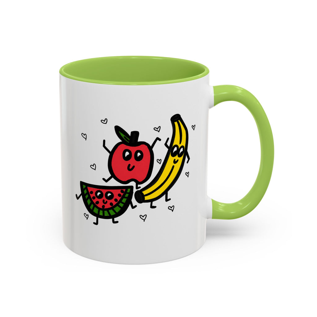 Hand-Drawn Smiling Banana Apple Watermelon Mug | Cute Fruit Faces Coffee Cup