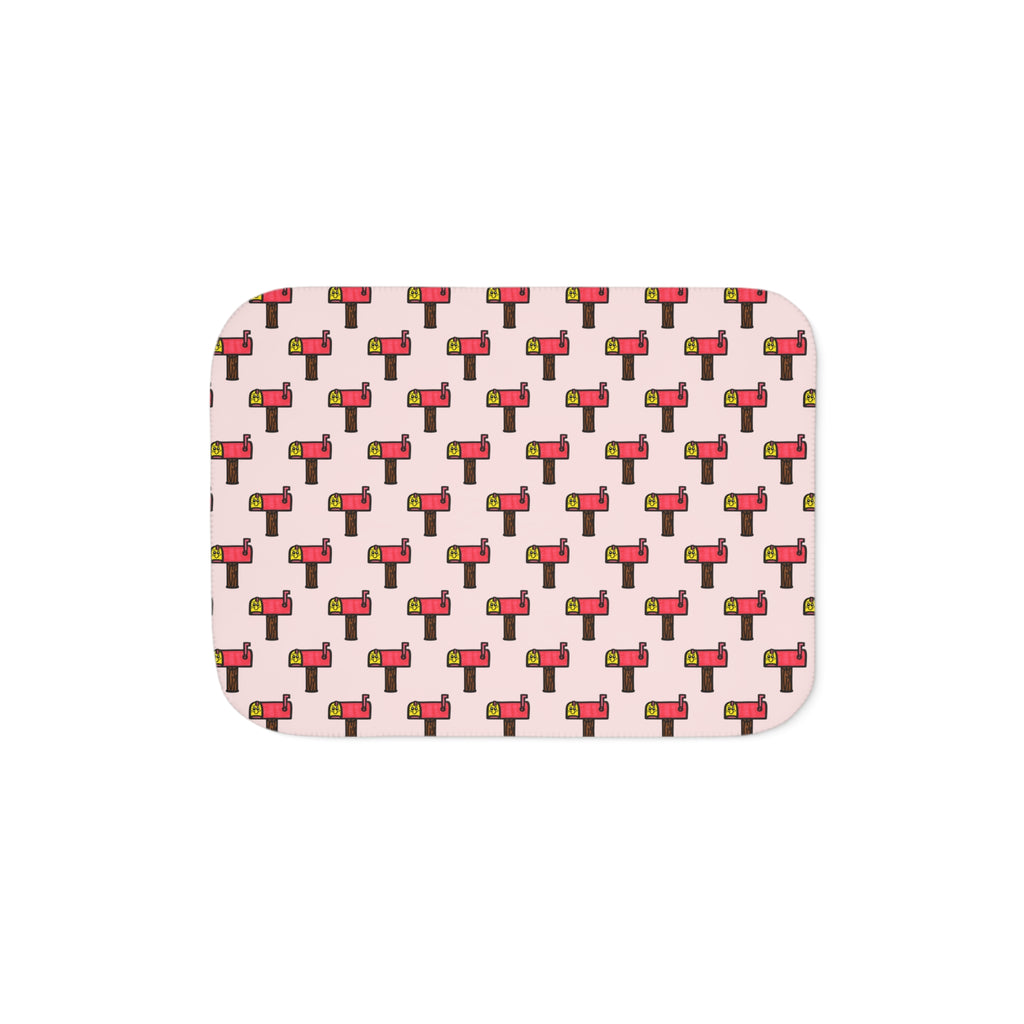 Hand-Drawn Retro Mailbox Pattern Sherpa Blanket | Cute Postal Print, Pink Background