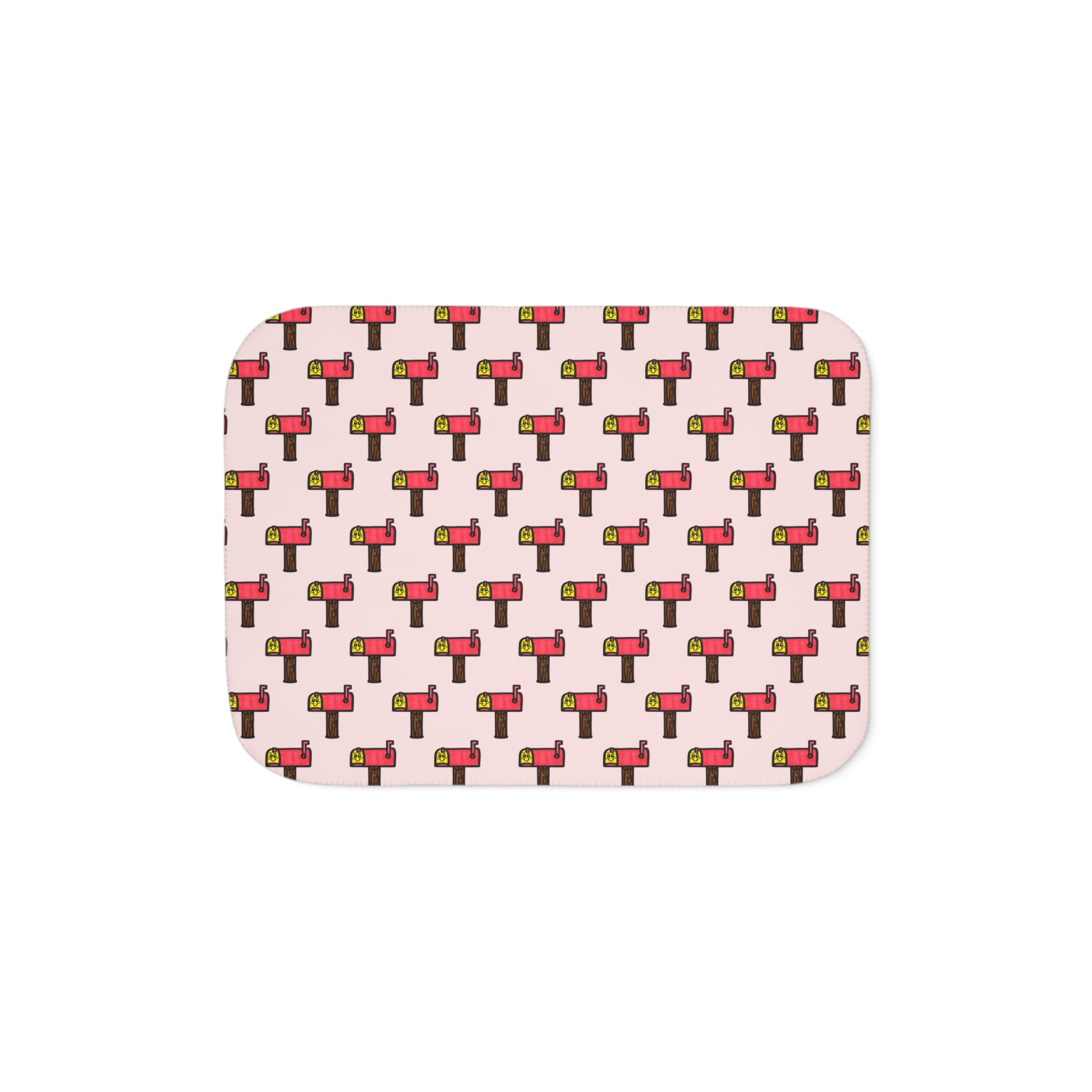 Hand-Drawn Retro Mailbox Pattern Sherpa Blanket | Cute Postal Print, Pink Background