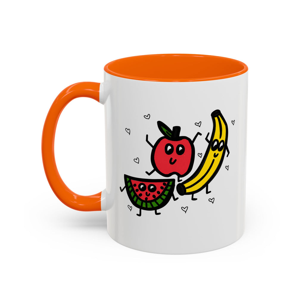 Hand-Drawn Smiling Banana Apple Watermelon Mug | Cute Fruit Faces Coffee Cup