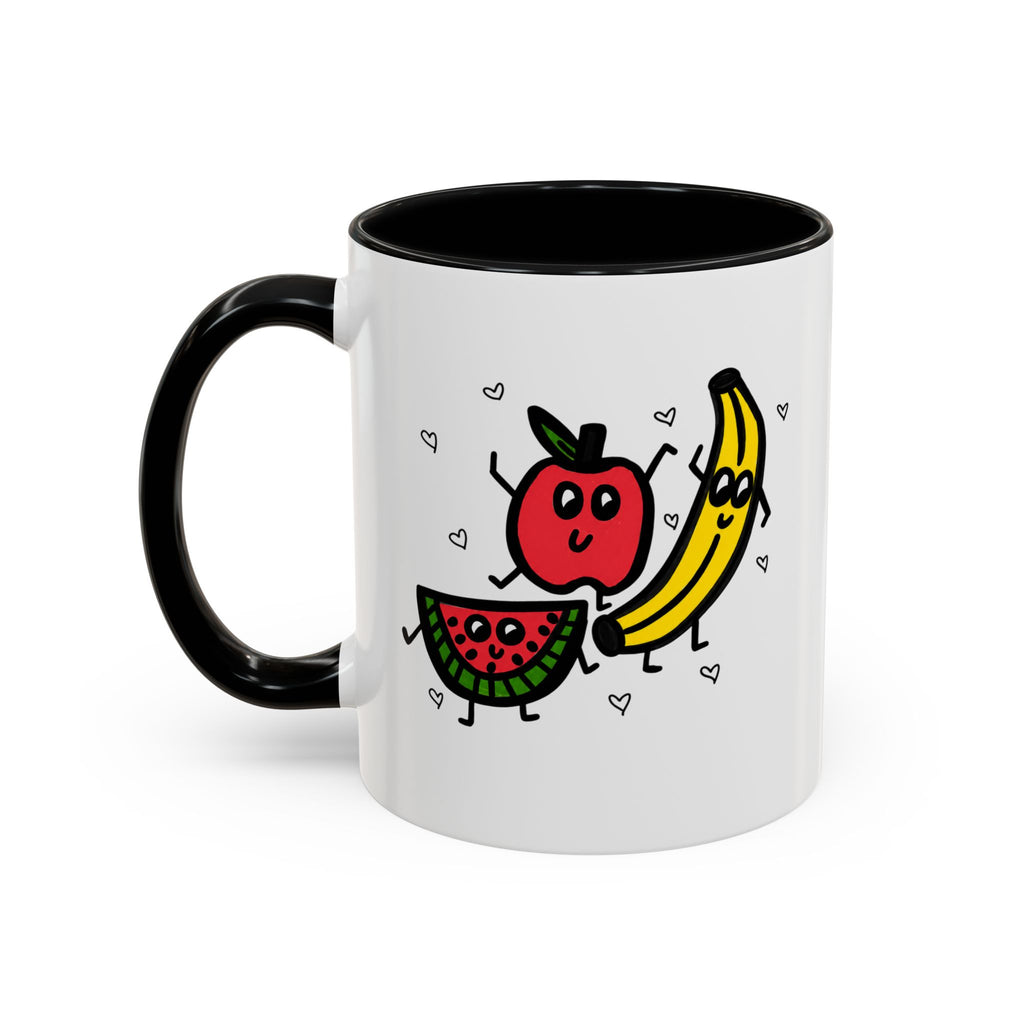 Hand-Drawn Smiling Banana Apple Watermelon Mug | Cute Fruit Faces Coffee Cup