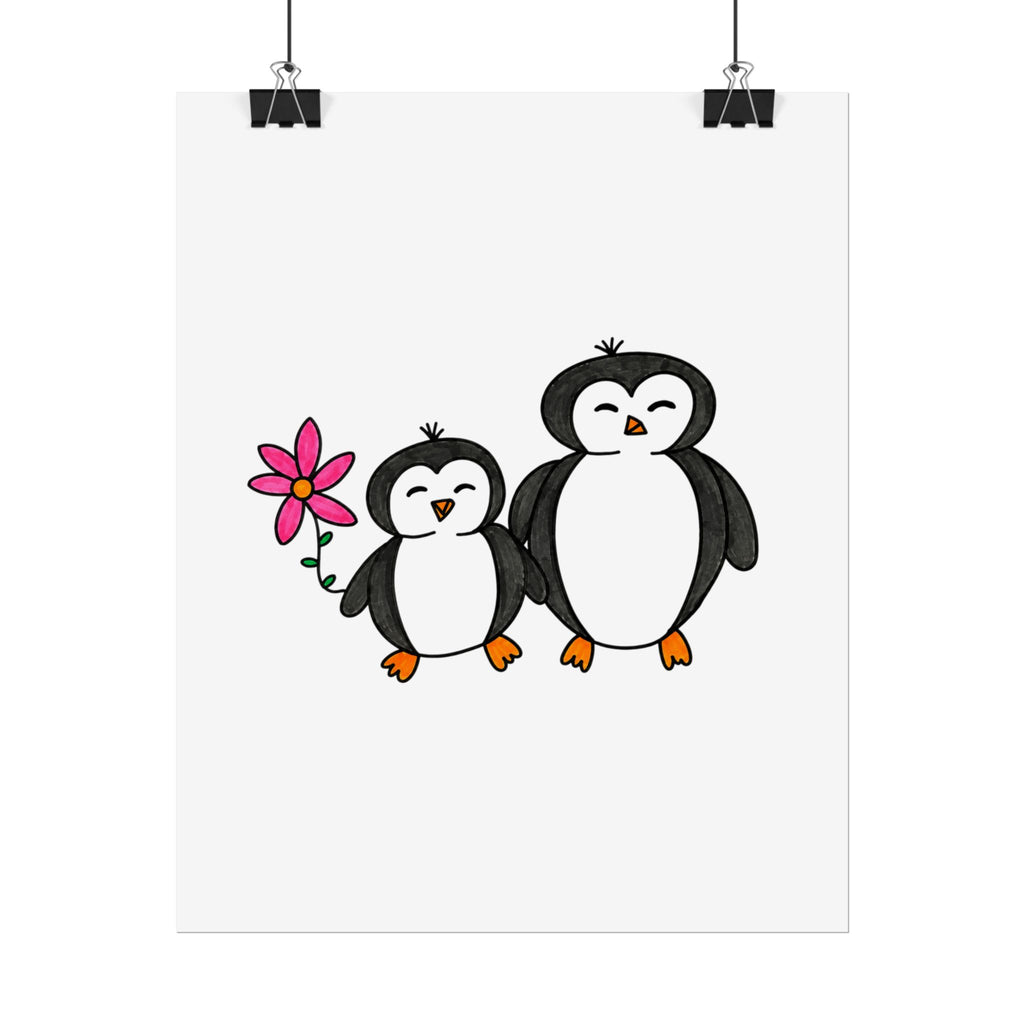Hand-Drawn Cute Penguin Duo holding Flower Poster | Nursery Wall Art, Animal Print