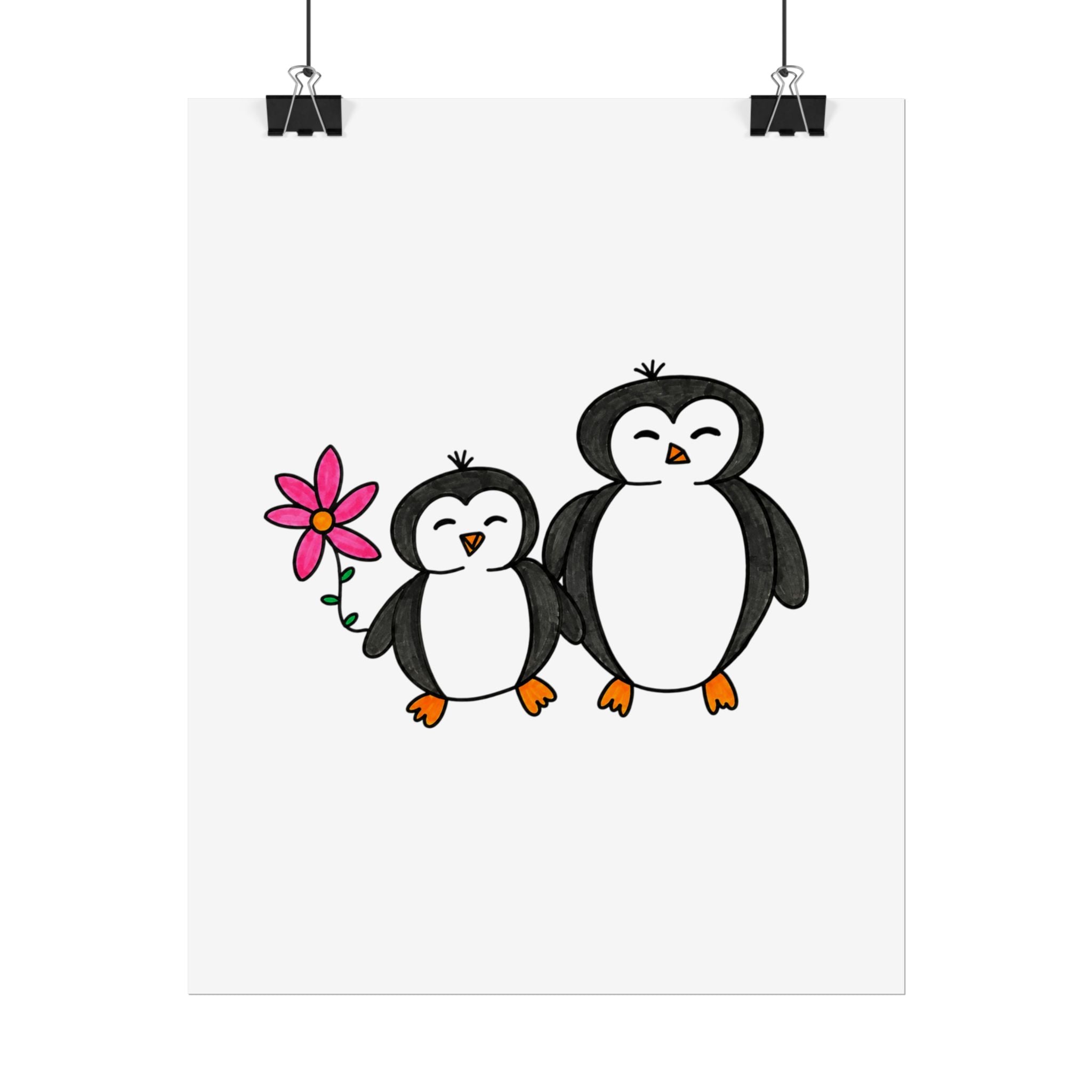 Hand-Drawn Cute Penguin Duo holding Flower Poster | Nursery Wall Art, Animal Print
