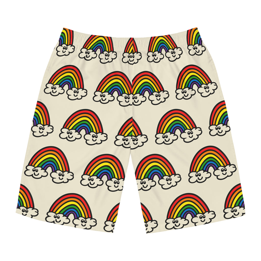 Hand-Drawn Smiling Rainbow Pattern Board Shorts | All-Over Print