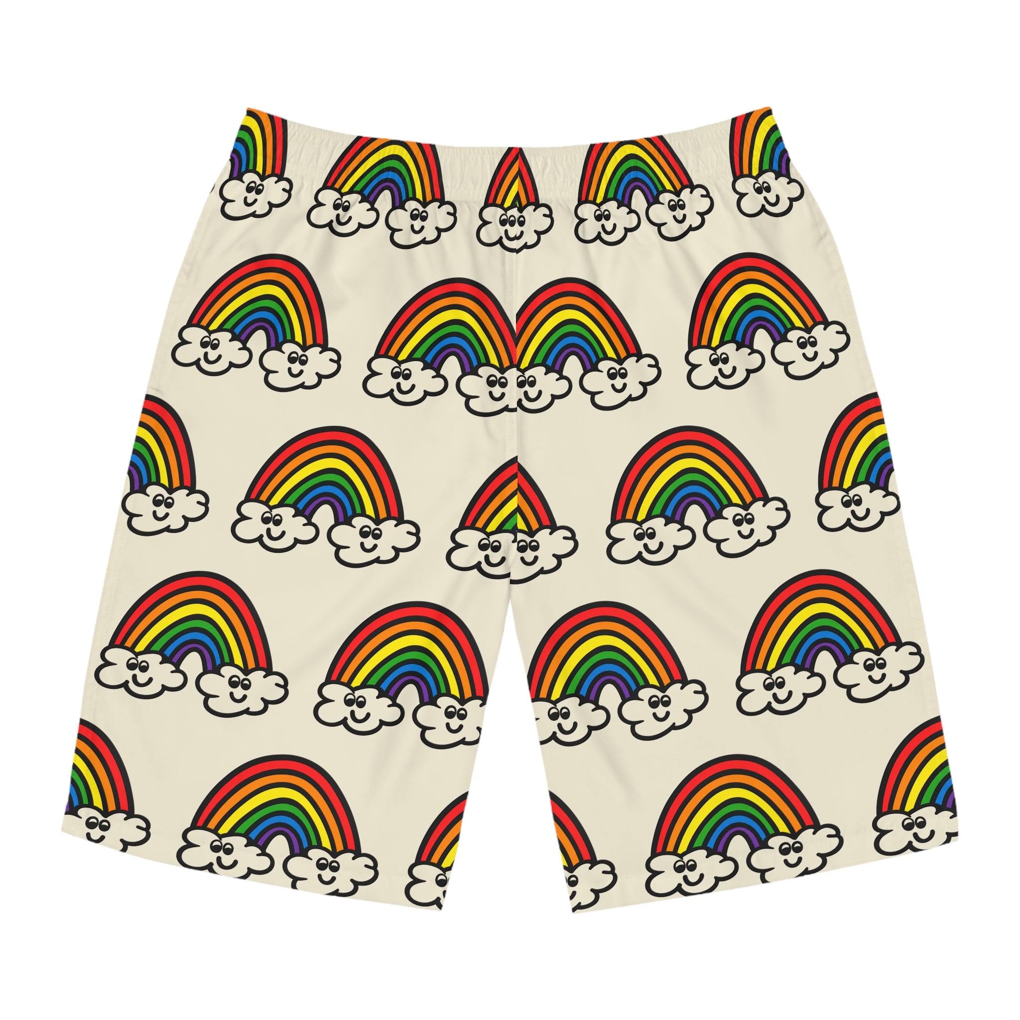 Hand-Drawn Smiling Rainbow Pattern Board Shorts | All-Over Print