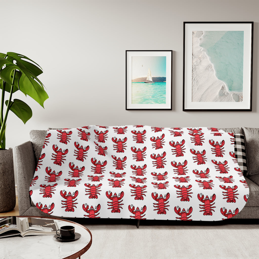 Hand-Drawn Red Lobster Pattern Sherpa Blanket | Coastal Nautical Seafood Throw