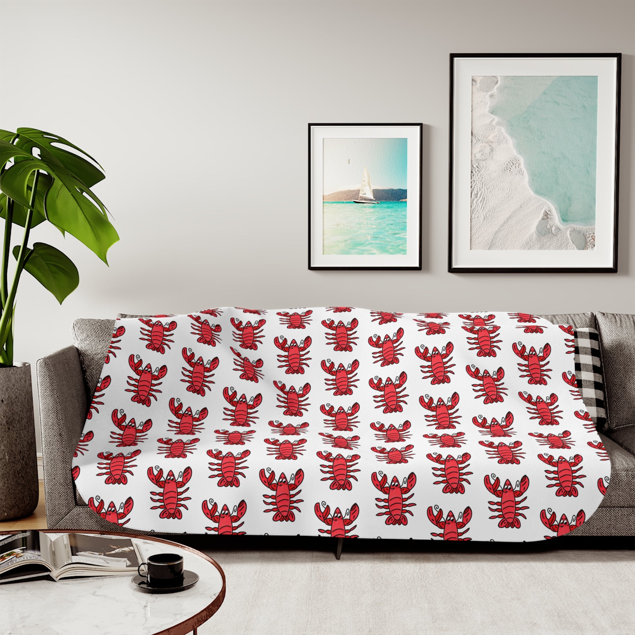 Hand-Drawn Red Lobster Pattern Sherpa Blanket | Coastal Nautical Seafood Throw