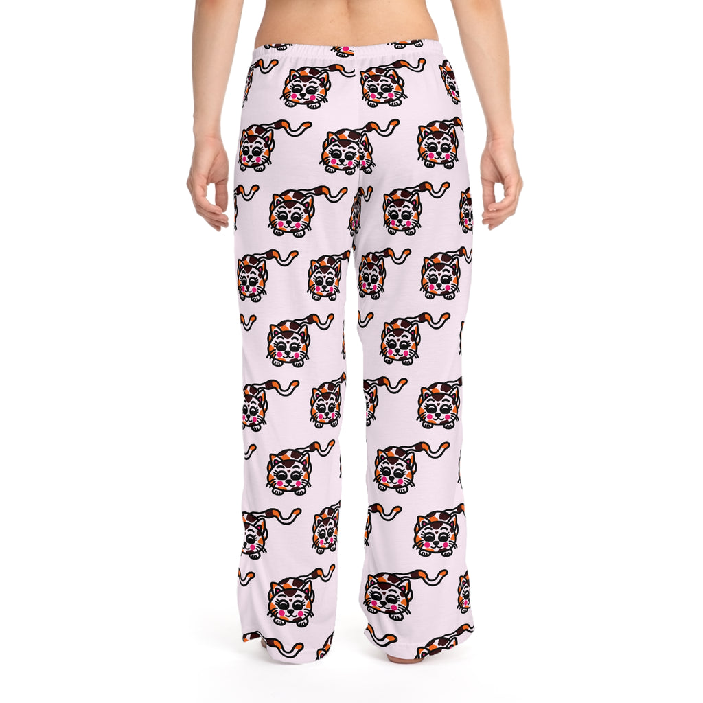 Hand-Drawn Calico Cat Pattern Pajama Pants | Pink Allover Print