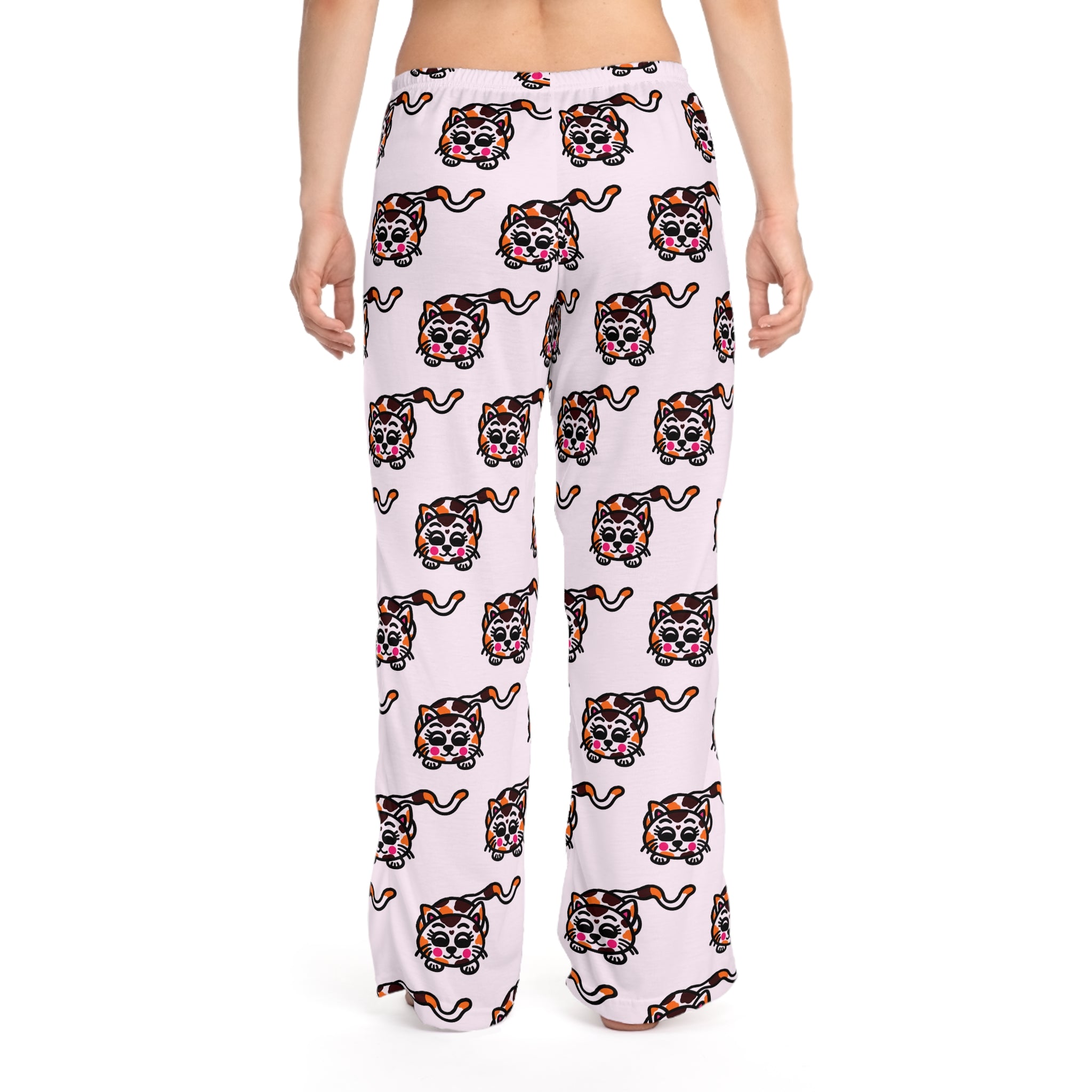 Hand-Drawn Calico Cat Pattern Pajama Pants | Pink Allover Print