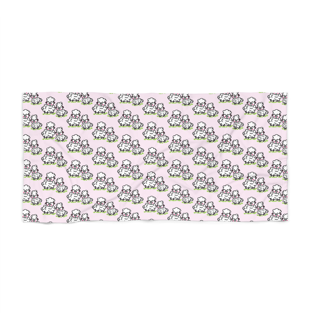 Hand-Drawn Cute Fluffy Sheep Pattern Beach Towel | Pink, White, and Green Repeat Design