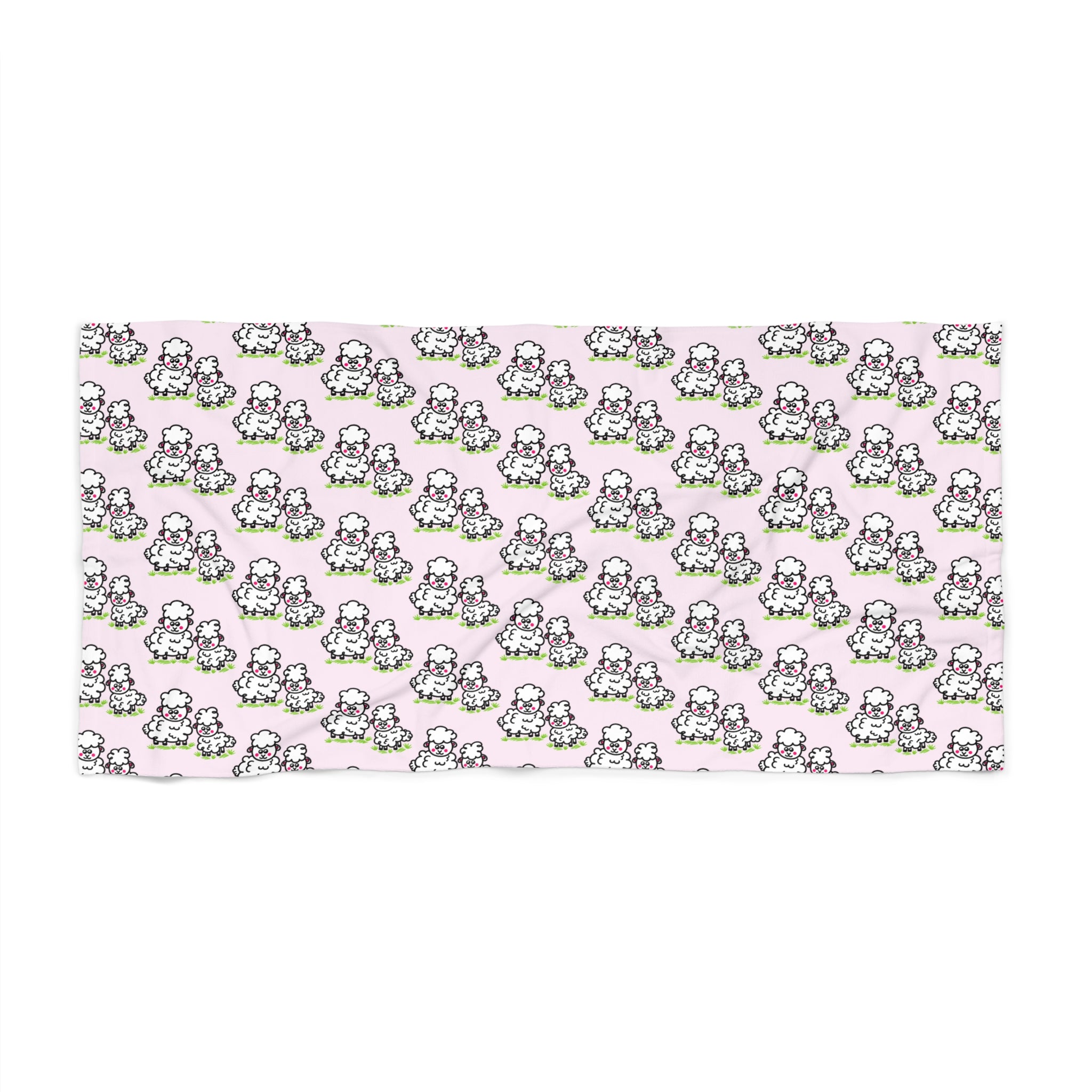 Hand-Drawn Cute Fluffy Sheep Pattern Beach Towel | Pink, White, and Green Repeat Design