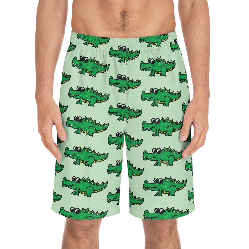 Hand-Drawn Cartoon Alligator Pattern Board Shorts | Green Crocodile Swim Trunks