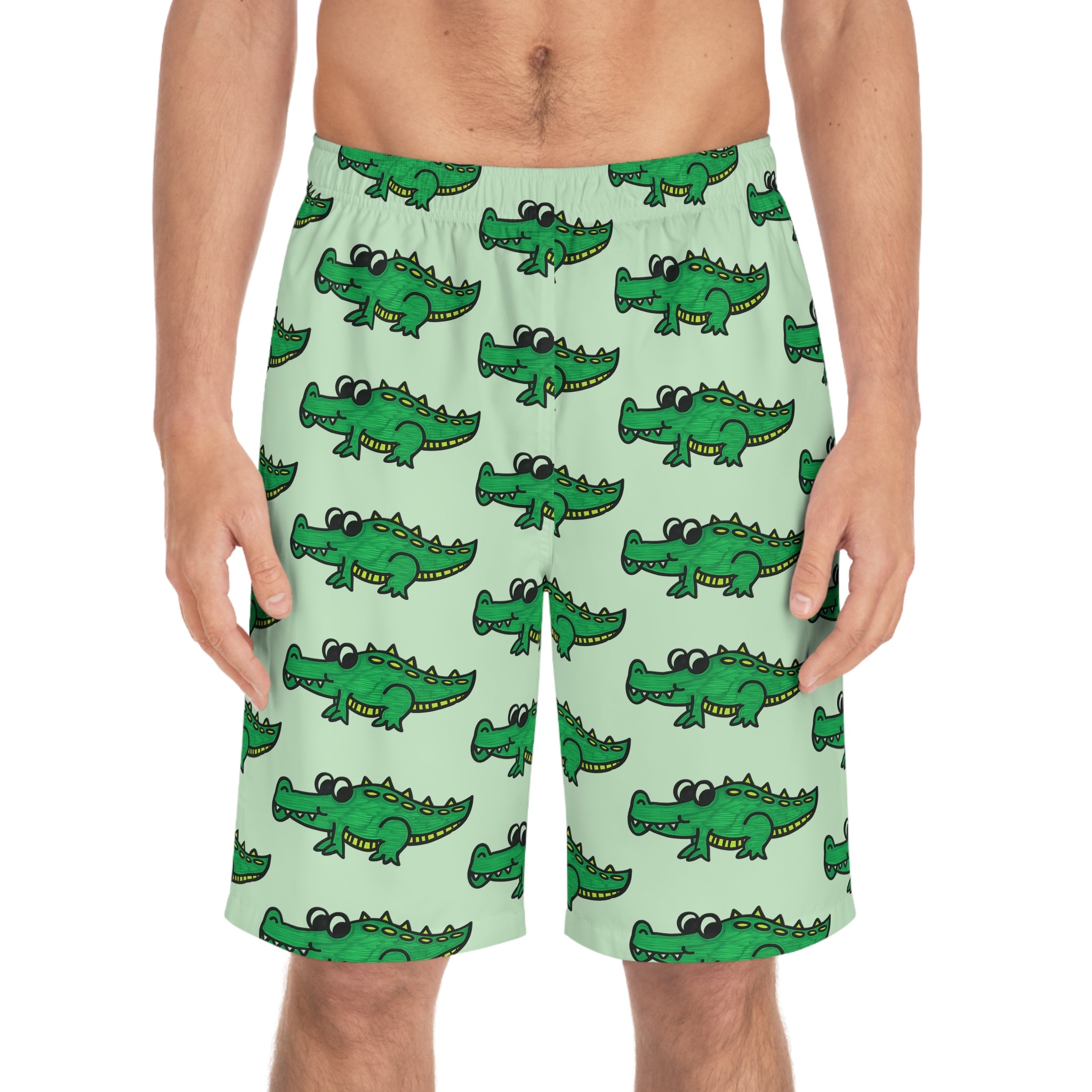 Hand-Drawn Cartoon Alligator Pattern Board Shorts | Green Crocodile Swim Trunks
