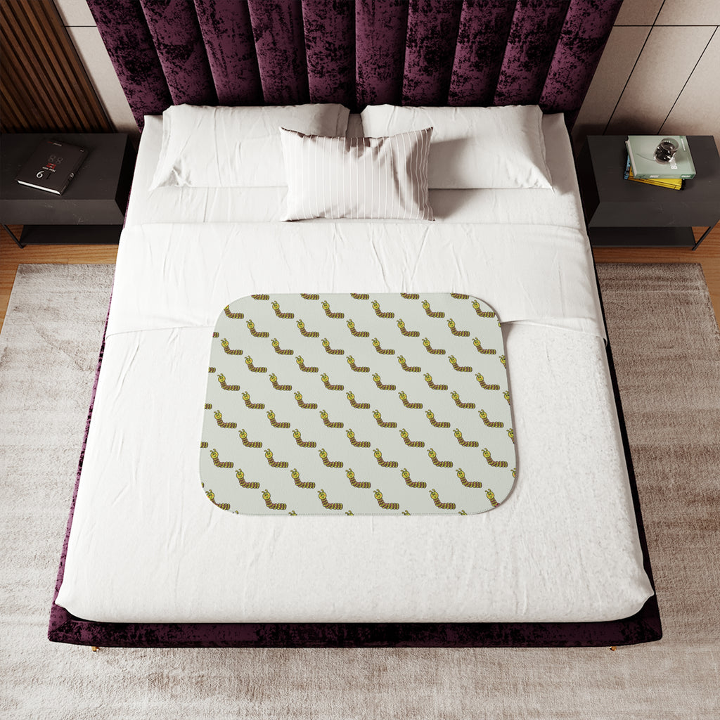 Hand-Drawn Green Pink Yellow Caterpillar Pattern Sherpa Blanket | Cozy Throw