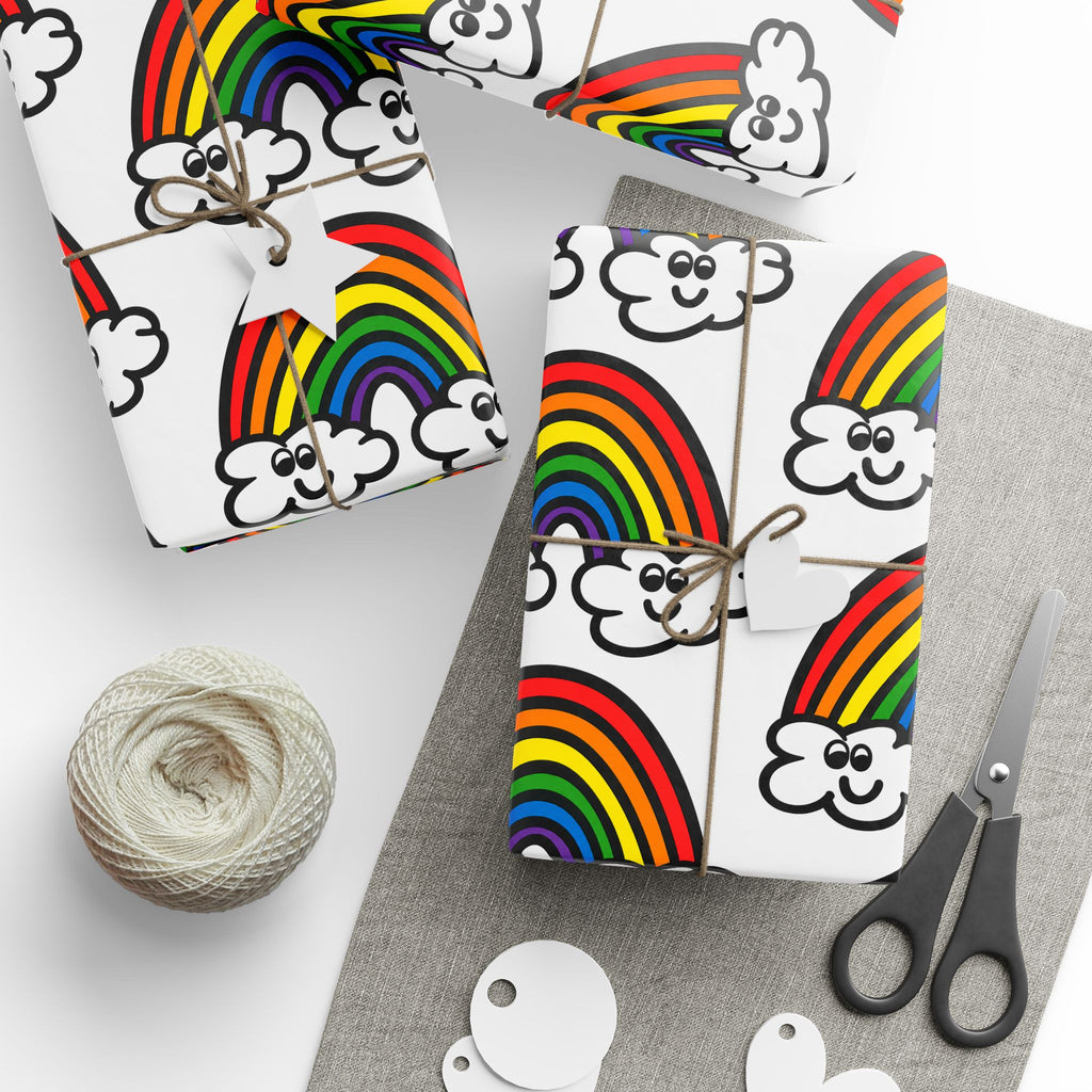 Hand-Drawn Retro Rainbow Pattern wrapping paper | Cute Cloud Rainbows Gift Wrap