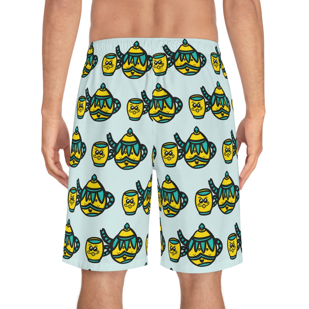 Hand-Drawn Yellow and Teal Cute Mustache Teapot and Mug Pattern Board Shorts | Charming All-Over Print