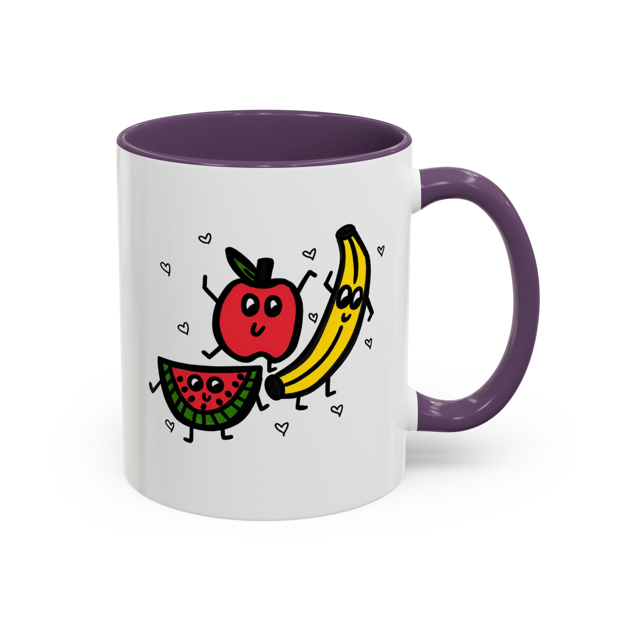Hand-Drawn Smiling Banana Apple Watermelon Mug | Cute Fruit Faces Coffee Cup