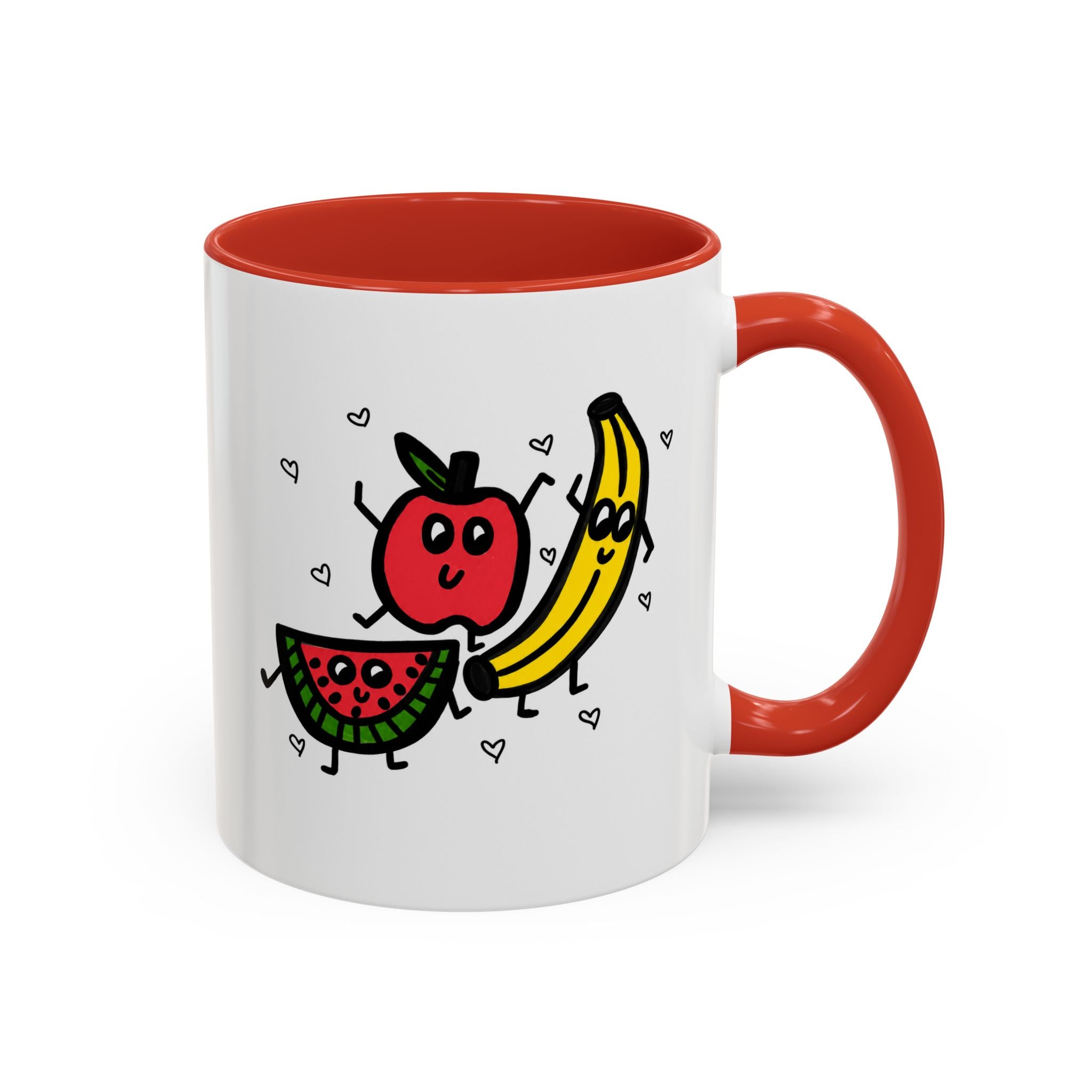 Hand-Drawn Smiling Banana Apple Watermelon Mug | Cute Fruit Faces Coffee Cup