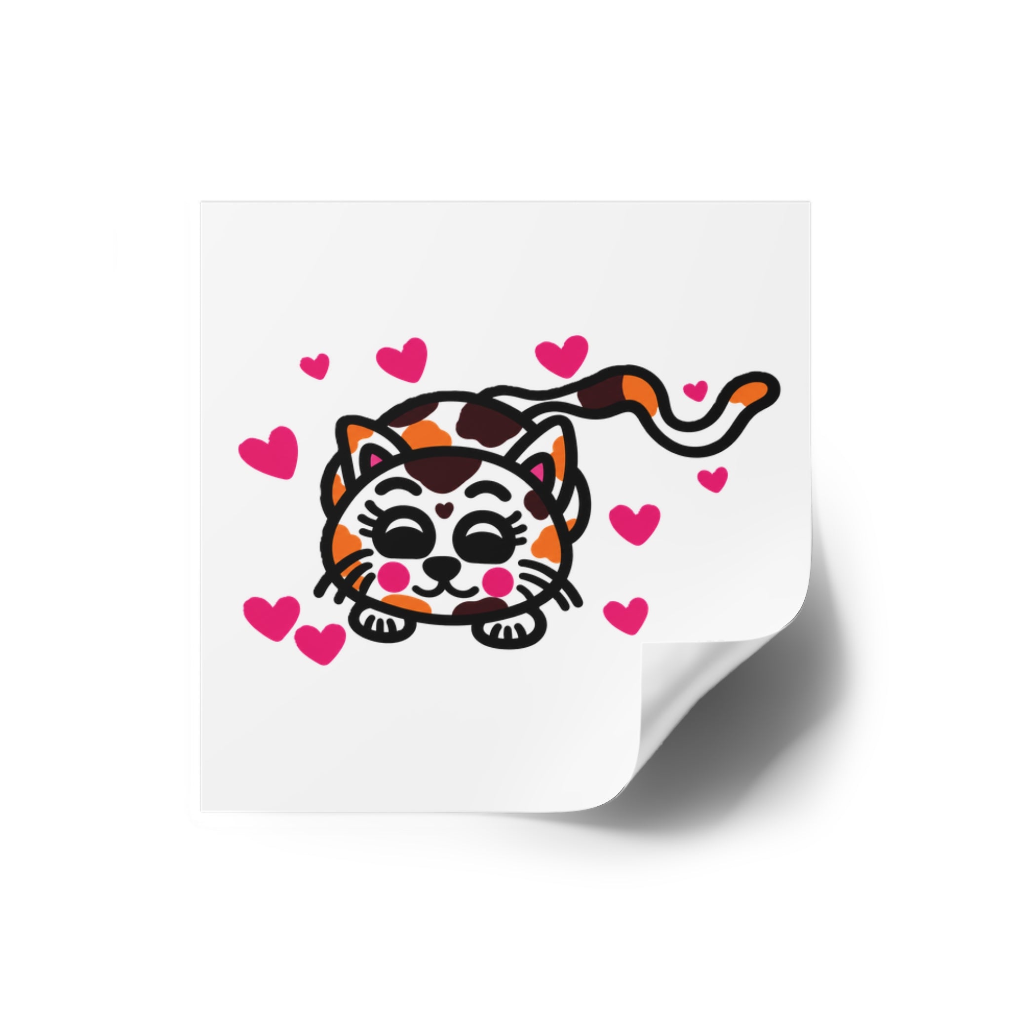 Hand-Drawn Calico Cat with Pink Hearts Square Sticker | Indoor Outdoor