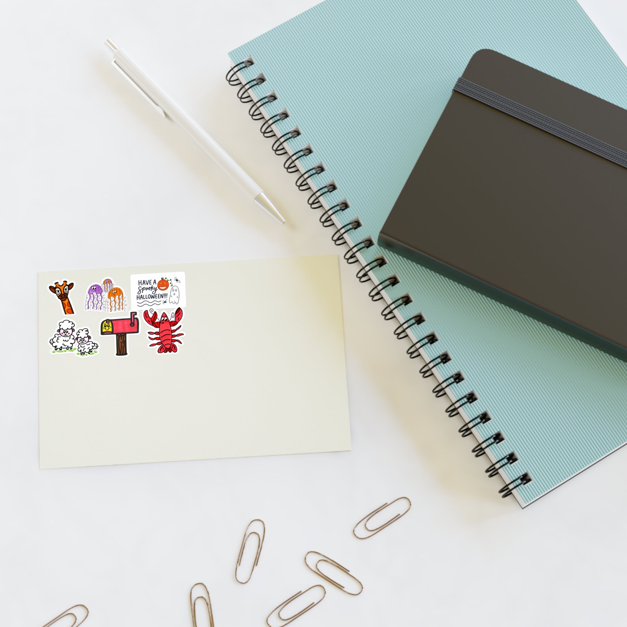 Hand-Drawn Cute Character and Designs Doodle Sticker Sheets | Spooky Ghosts, Lobster, Giraffe, Mailbox, Lamb Duo, and Jellyfish