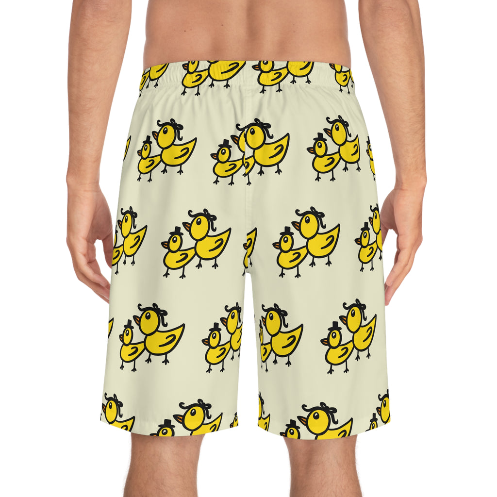 Hand-Drawn Yellow Duck Pattern Board Shorts | All-Over Print