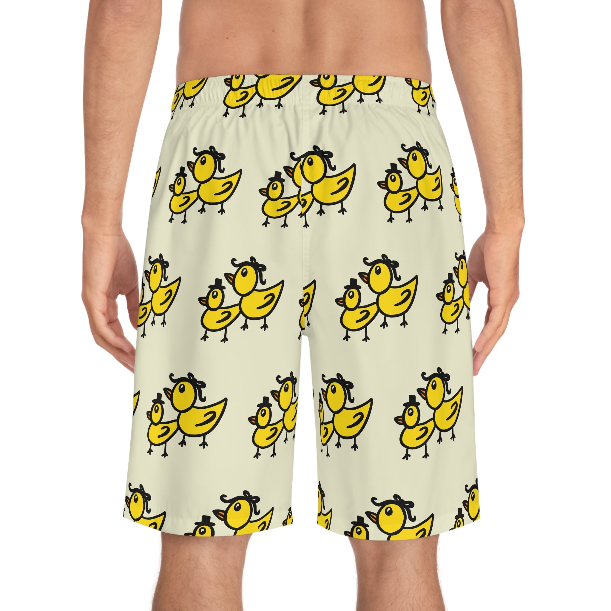 Hand-Drawn Yellow Duck Pattern Board Shorts | All-Over Print