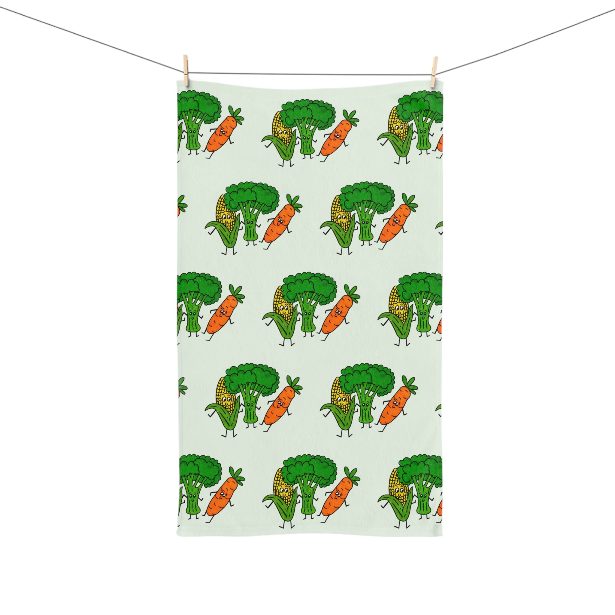 Hand-Drawn Smiling Veggies Corn Carrot Broccoli Hand Towel | Kitchen Tea Towel, Cute Produce Design