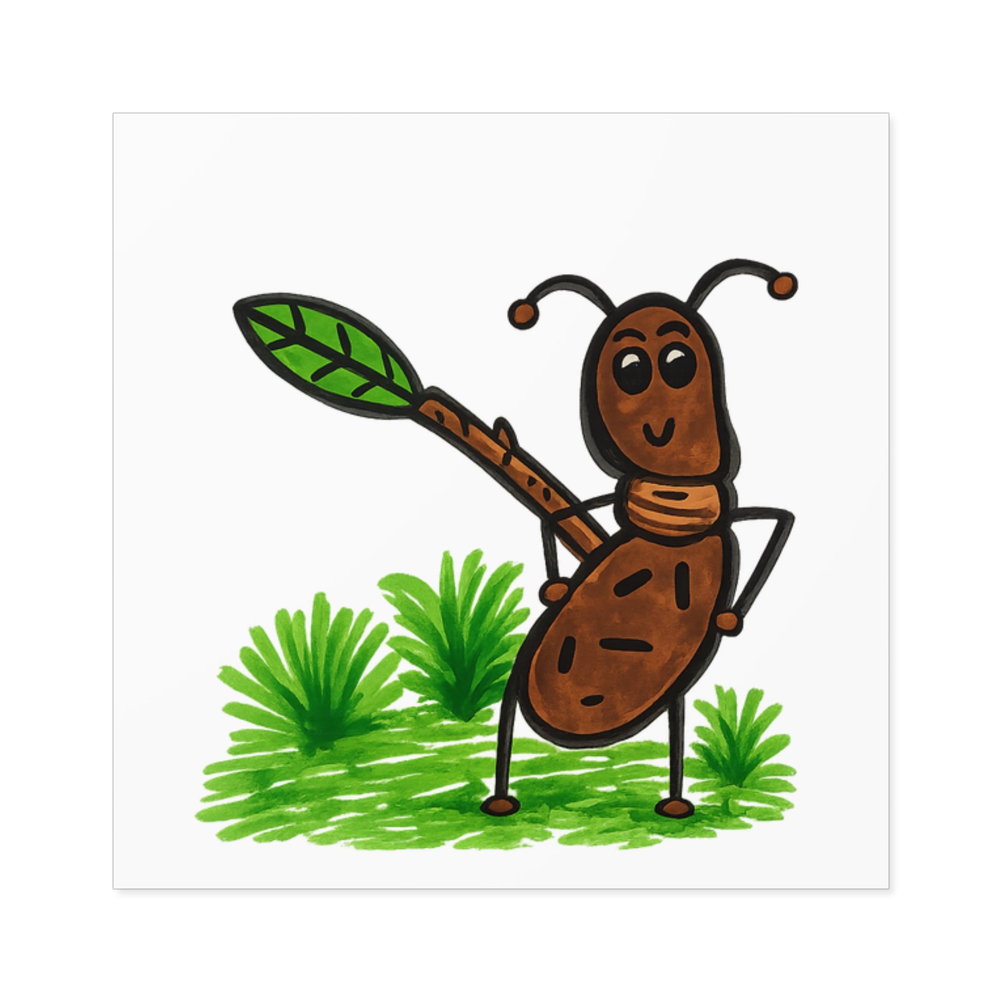 Hand-Drawn Cute Ant with Leaf Illustration Square Stickers | Indoor Outdoor