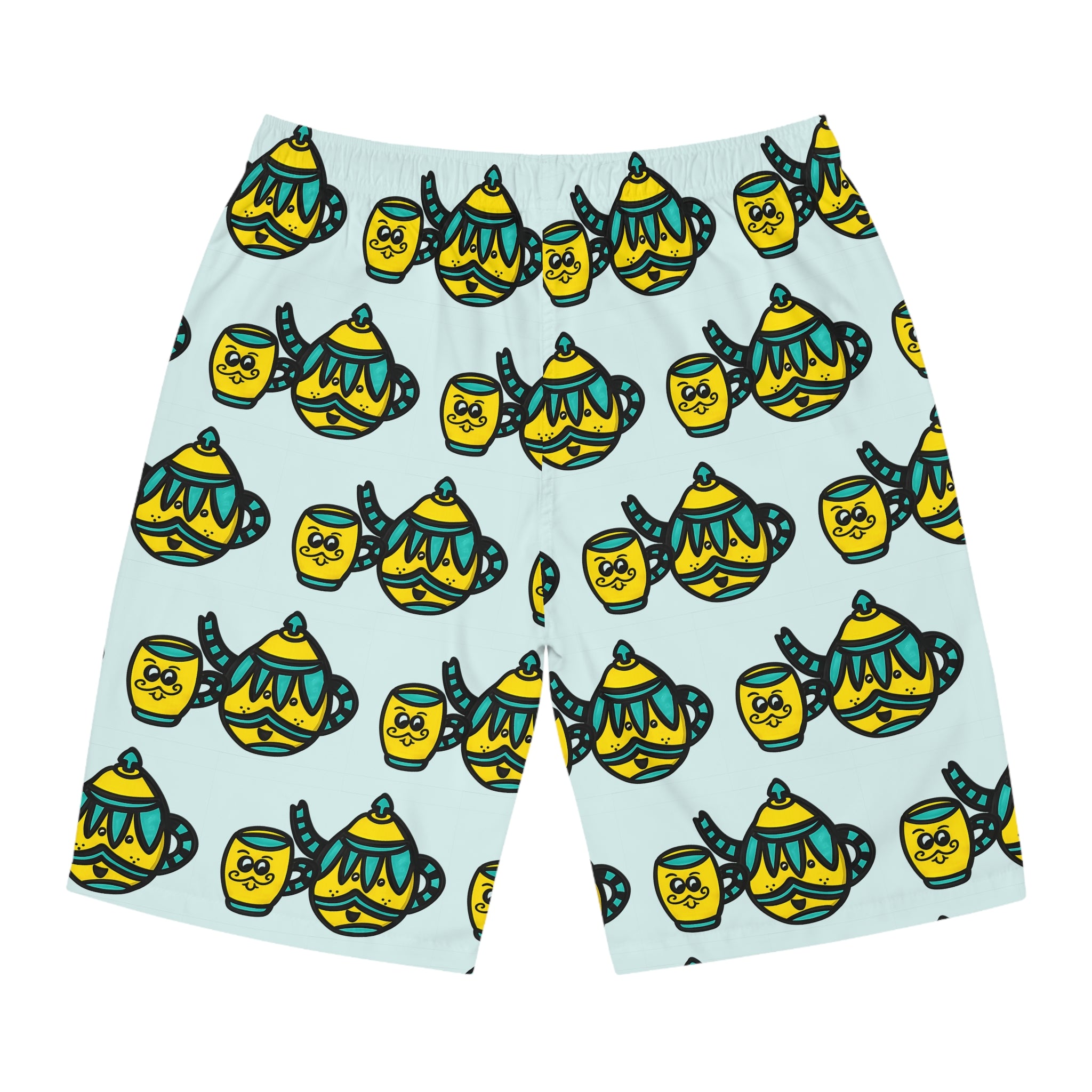 Hand-Drawn Yellow and Teal Cute Mustache Teapot and Mug Pattern Board Shorts | Charming All-Over Print