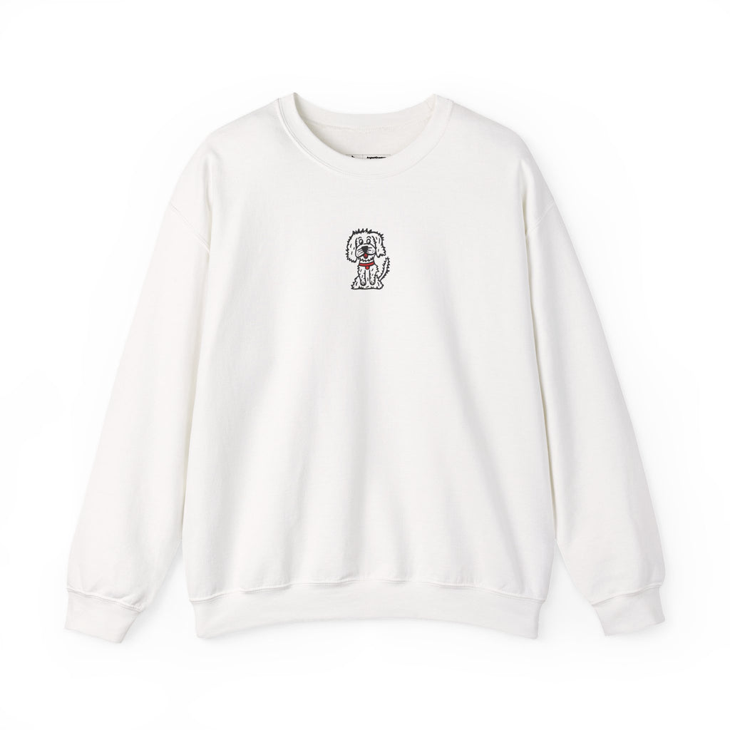 Hand-Drawn Fluffy Dog Red Collar Sweatshirt | White Dog Illustration