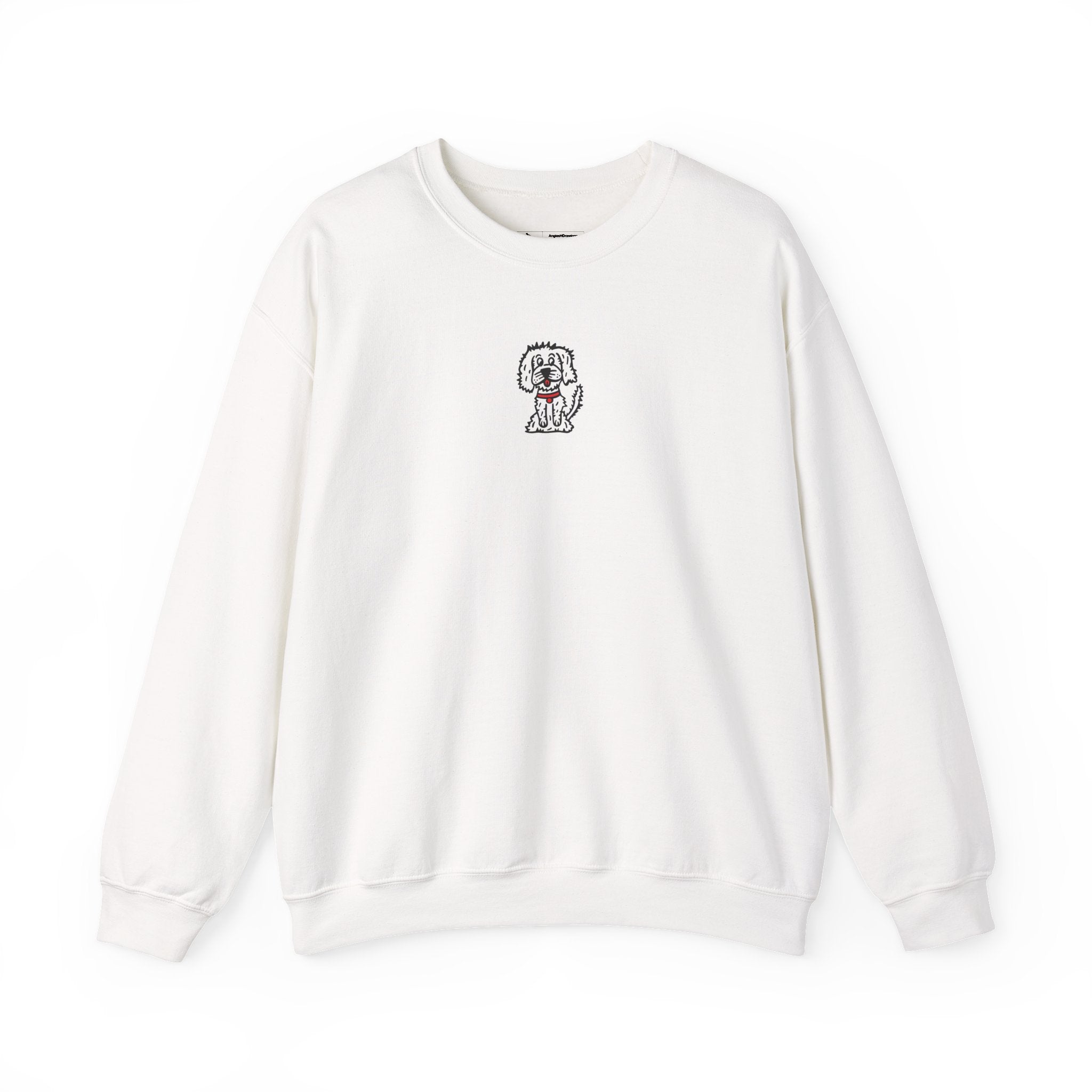 Hand-Drawn Fluffy Dog Red Collar Sweatshirt | White Dog Illustration