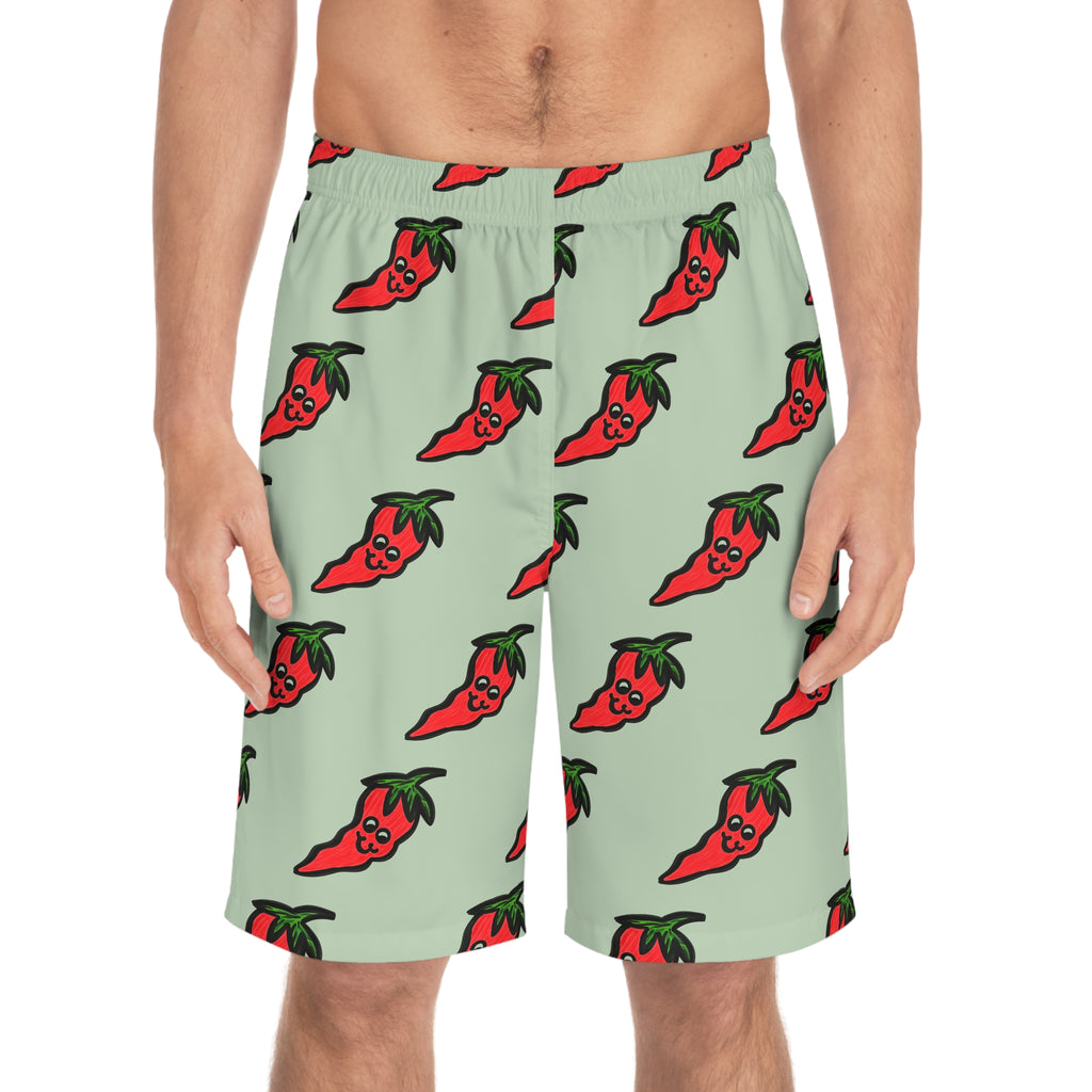 Hand-Drawn Cute Chili Pepper Pattern Men's Board Shorts | All-Over Hot Red Veggie Print