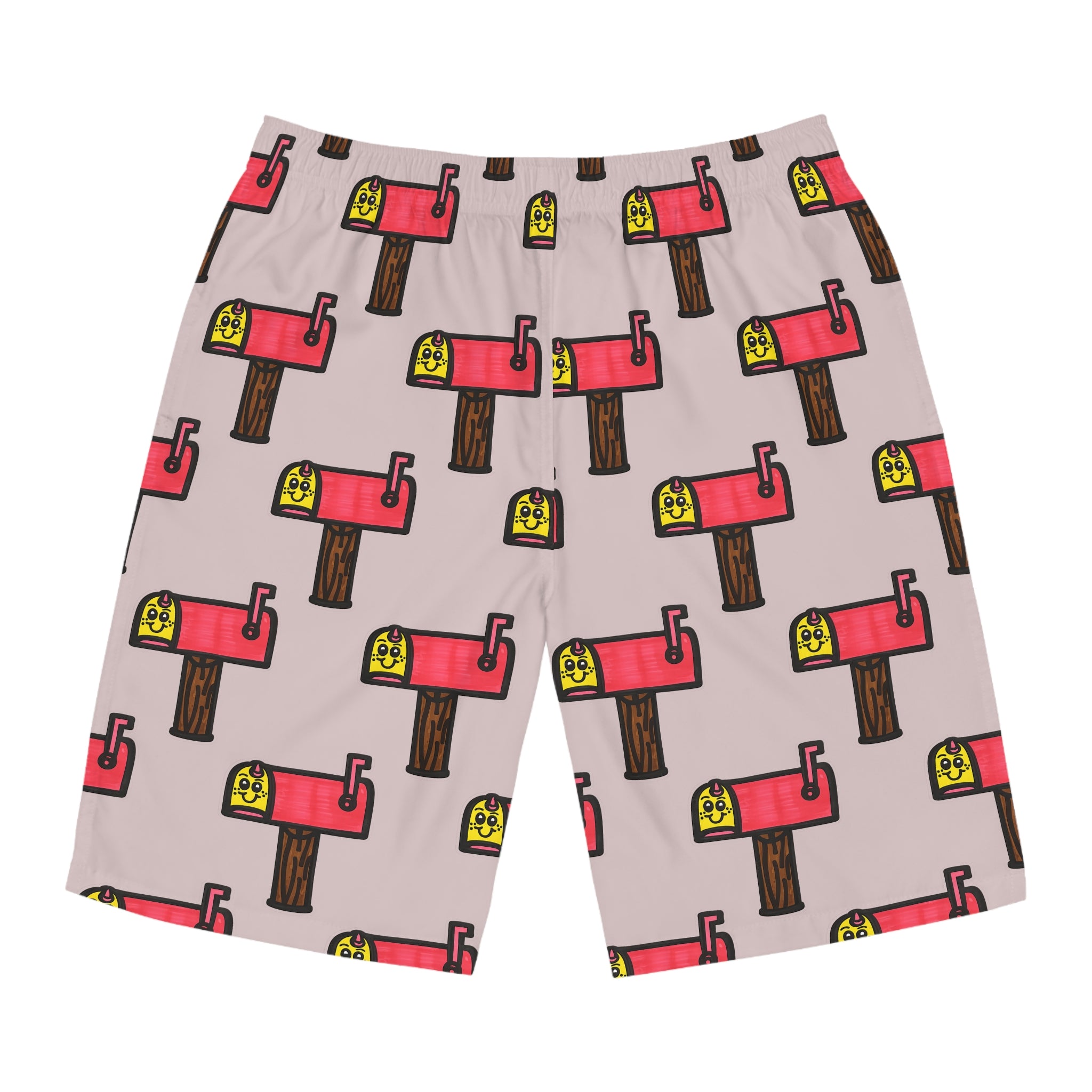Hand-Drawn Smiling Mailbox Pattern Board Shorts | All-Over Print
