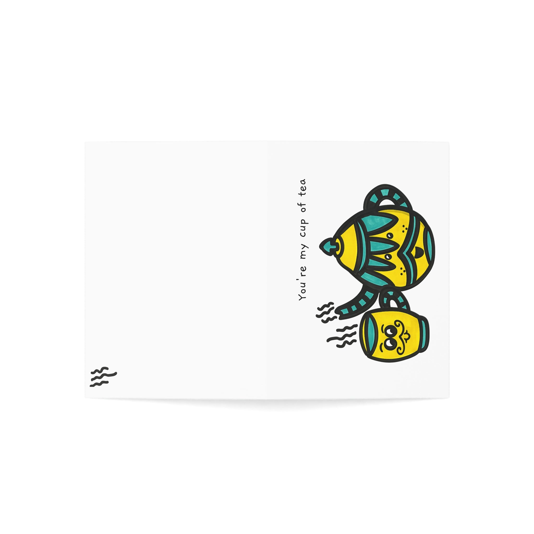 Hand-Drawn You're My Cup of Tea Greeting Card | Green and Yellow Charming Teapot and Mug Illustration