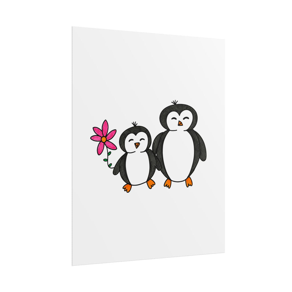 Hand-Drawn Cute Penguin Duo holding Flower Poster | Nursery Wall Art, Animal Print