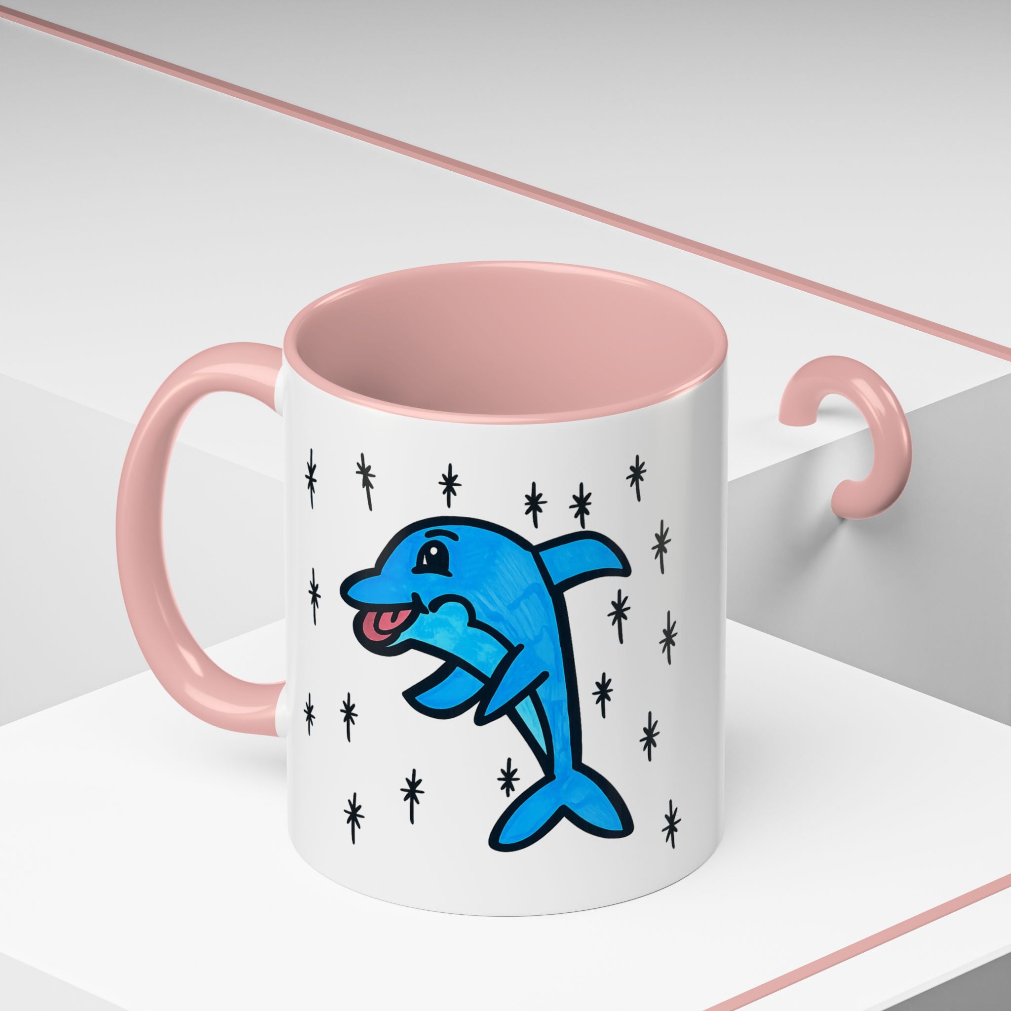 Hand-Drawn Cute Blue Dolphin Mug | Cartoon Dolphin Coffee Mug, Accent Inner Color