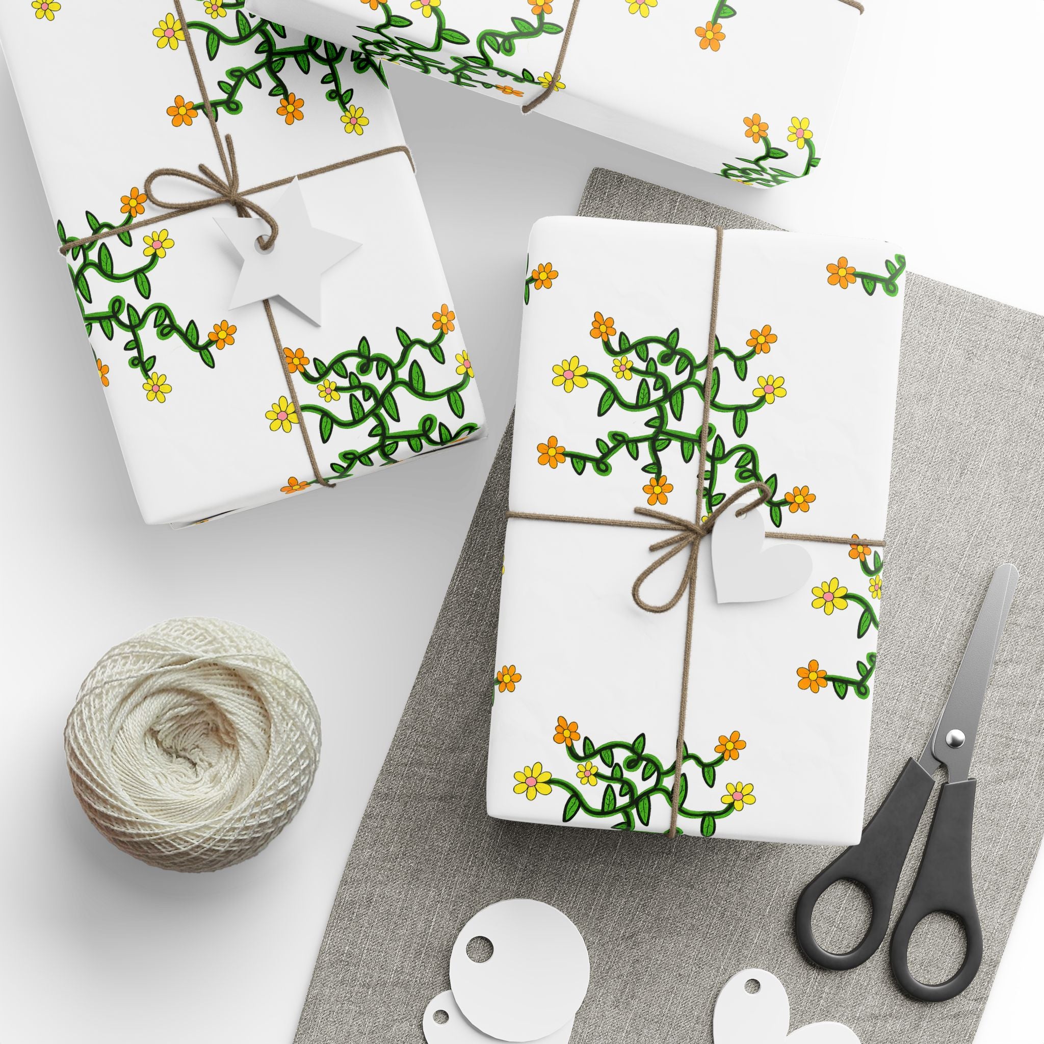 Hand-Drawn Yellow Orange Pink Flowers on Green Vine Wrapping Papers