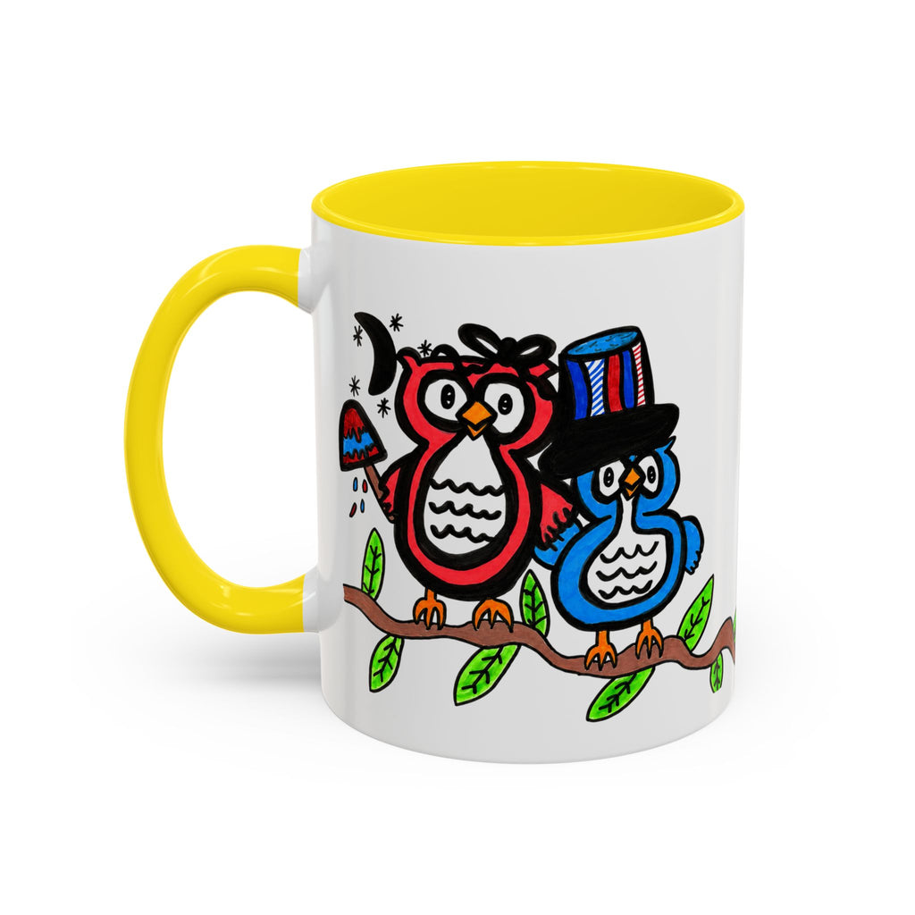 Hand-Drawn Patriotic Owls on a Branch Mug | Accent Coffee Mug 11oz 15oz