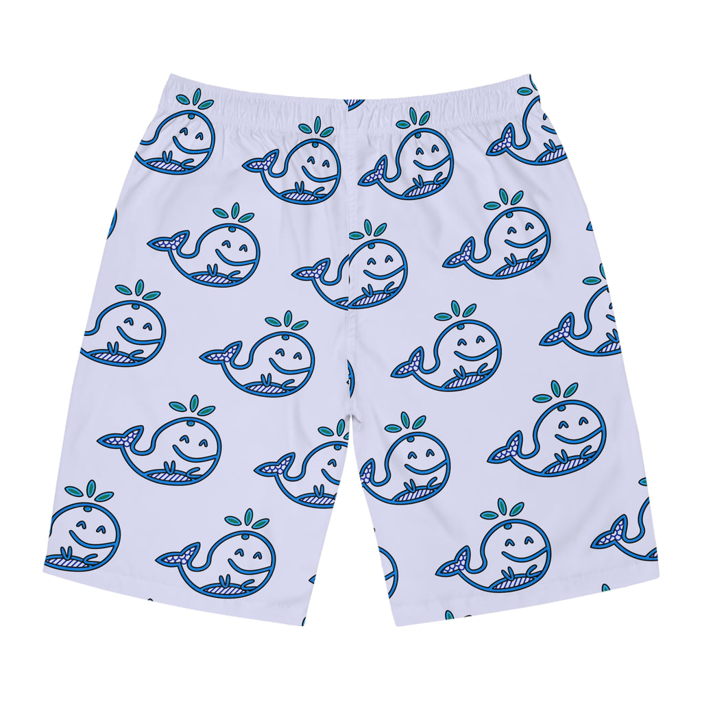 Hand-Drawn Smiling Whale Pattern Board Shorts | All-Over Print Swim Trunks