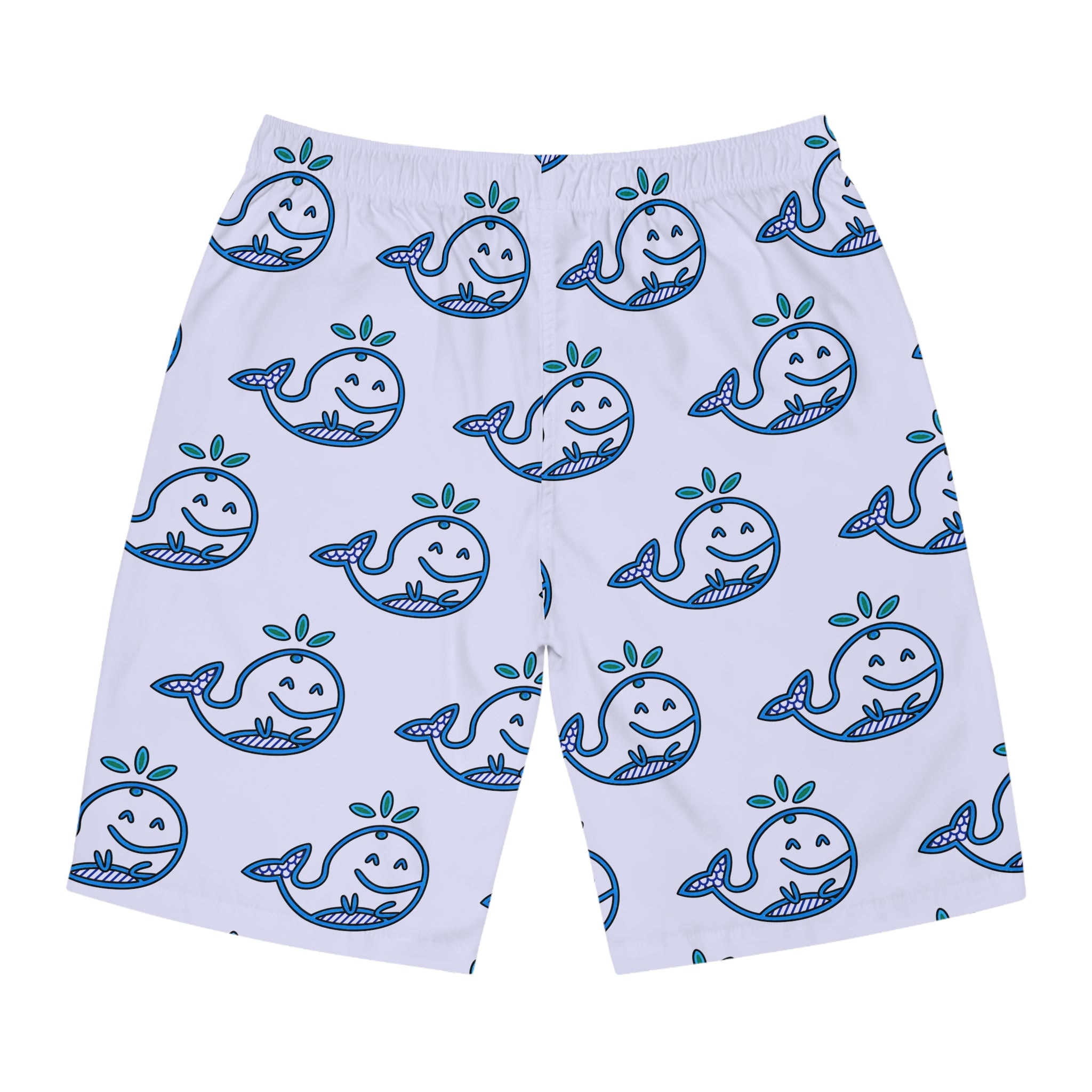 Hand-Drawn Smiling Whale Pattern Board Shorts | All-Over Print Swim Trunks