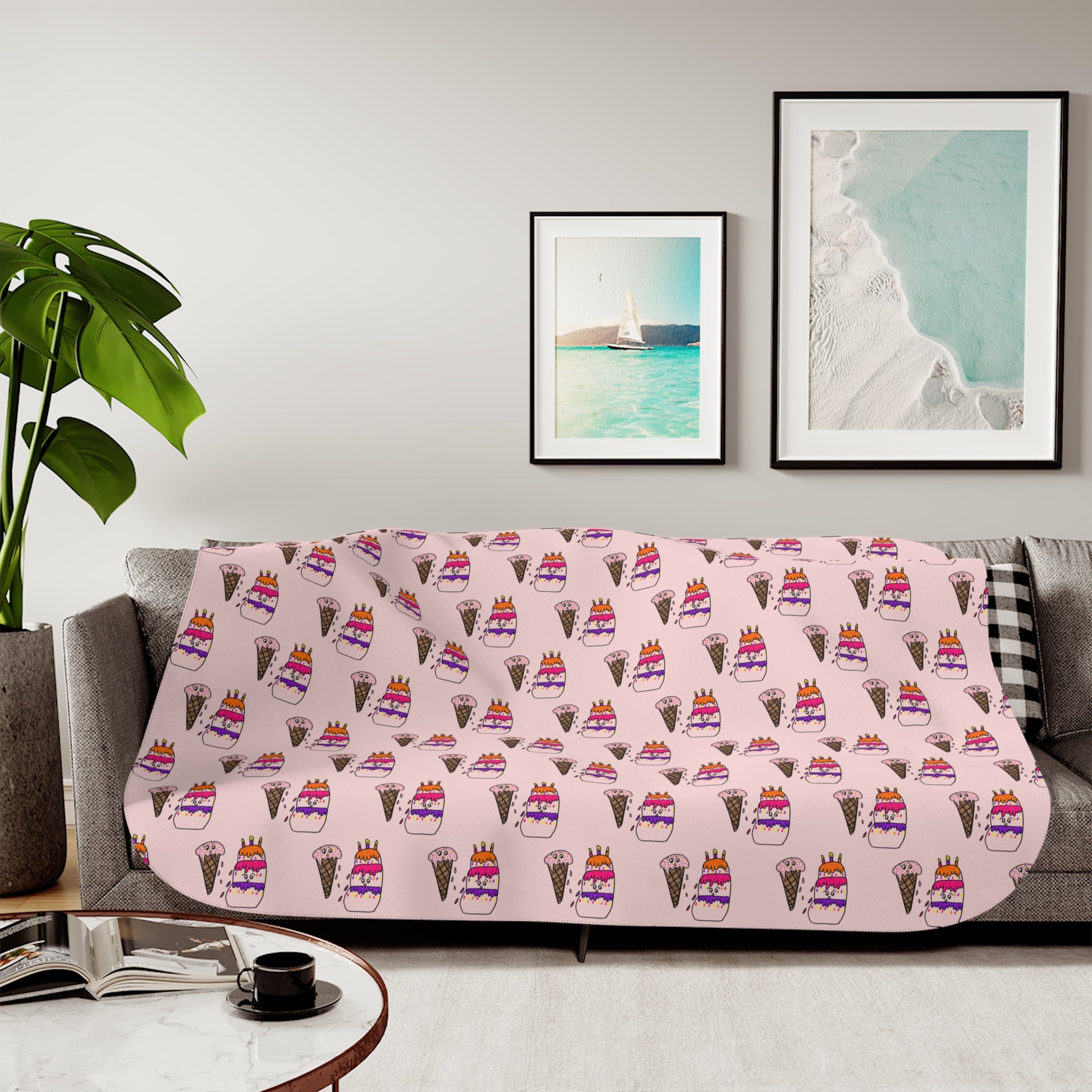 Hand-Drawn Pink Ice Cream Cone and Cake Pattern Sherpa Blanket | Cute Dessert Print