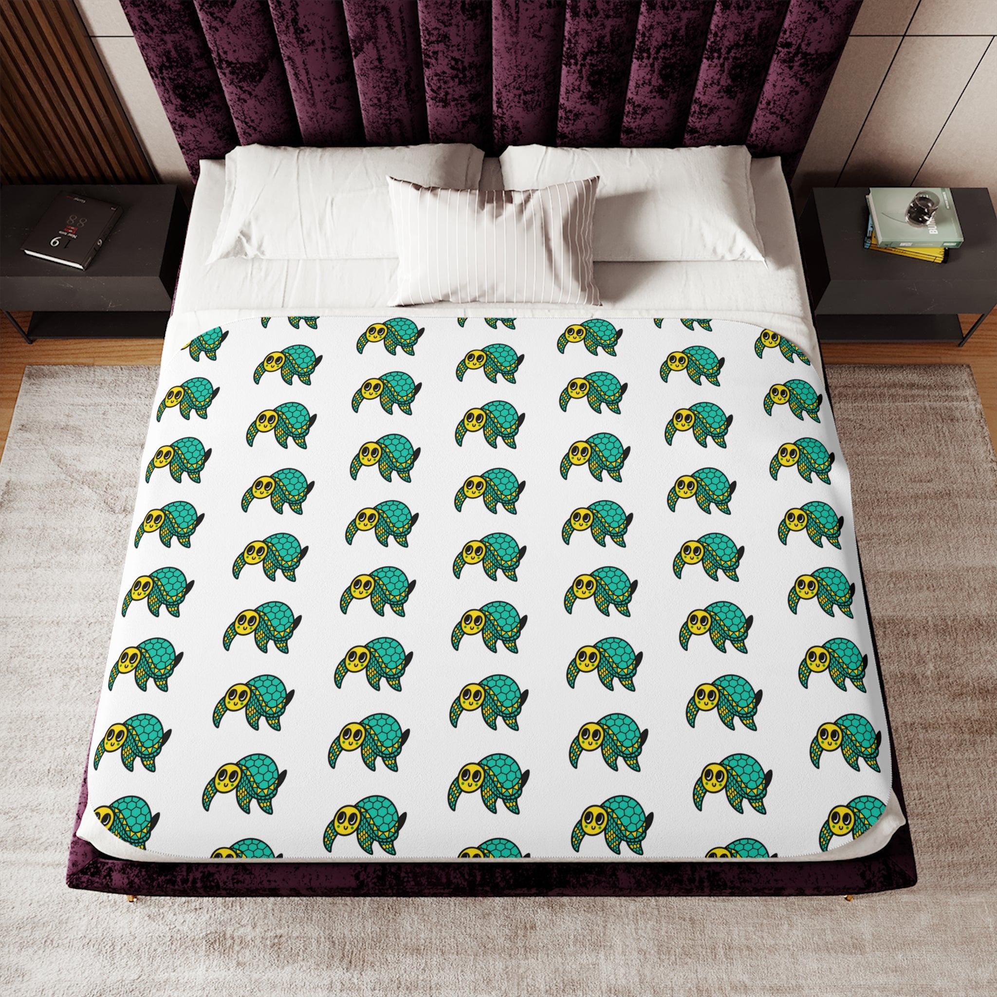Hand-Drawn Green and Yellow Turtle Pattern Sherpa Blanket | Repeating Sea Turtle Design, Cozy Ocean Throw