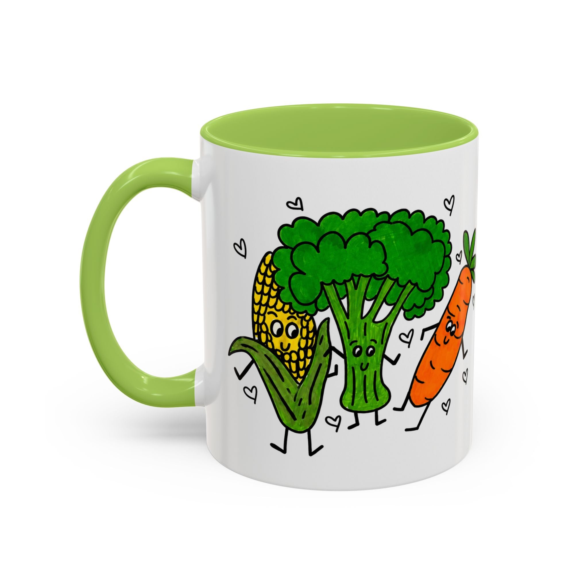 Hand-Drawn Dancing Veggies Carrot Broccoli Corn Mug | Accent Coffee Mug
