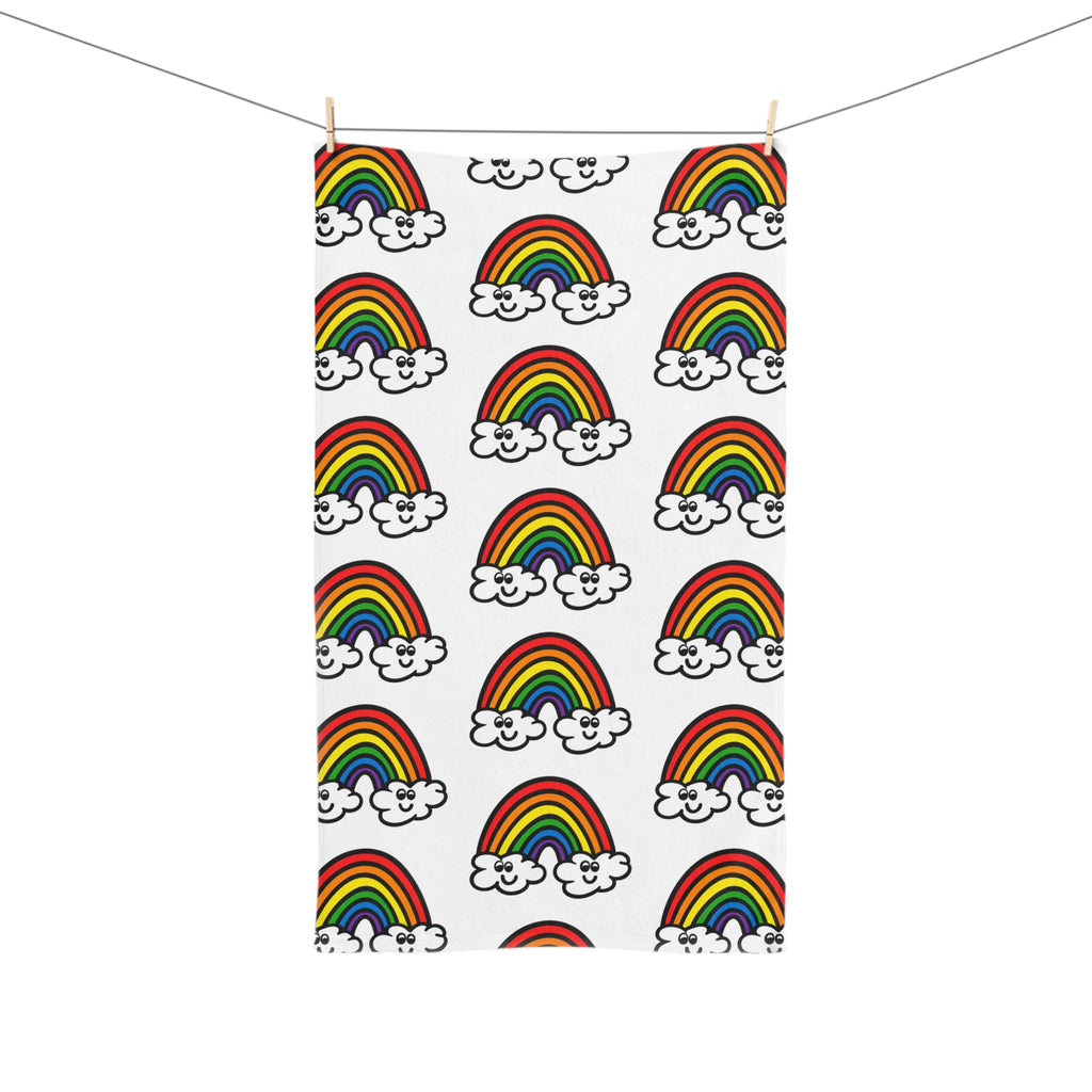 Hand-Drawn Smiling Rainbow Pattern Hand Towel | Cute Cloud Rainbows, Colorful Kids Bathroom