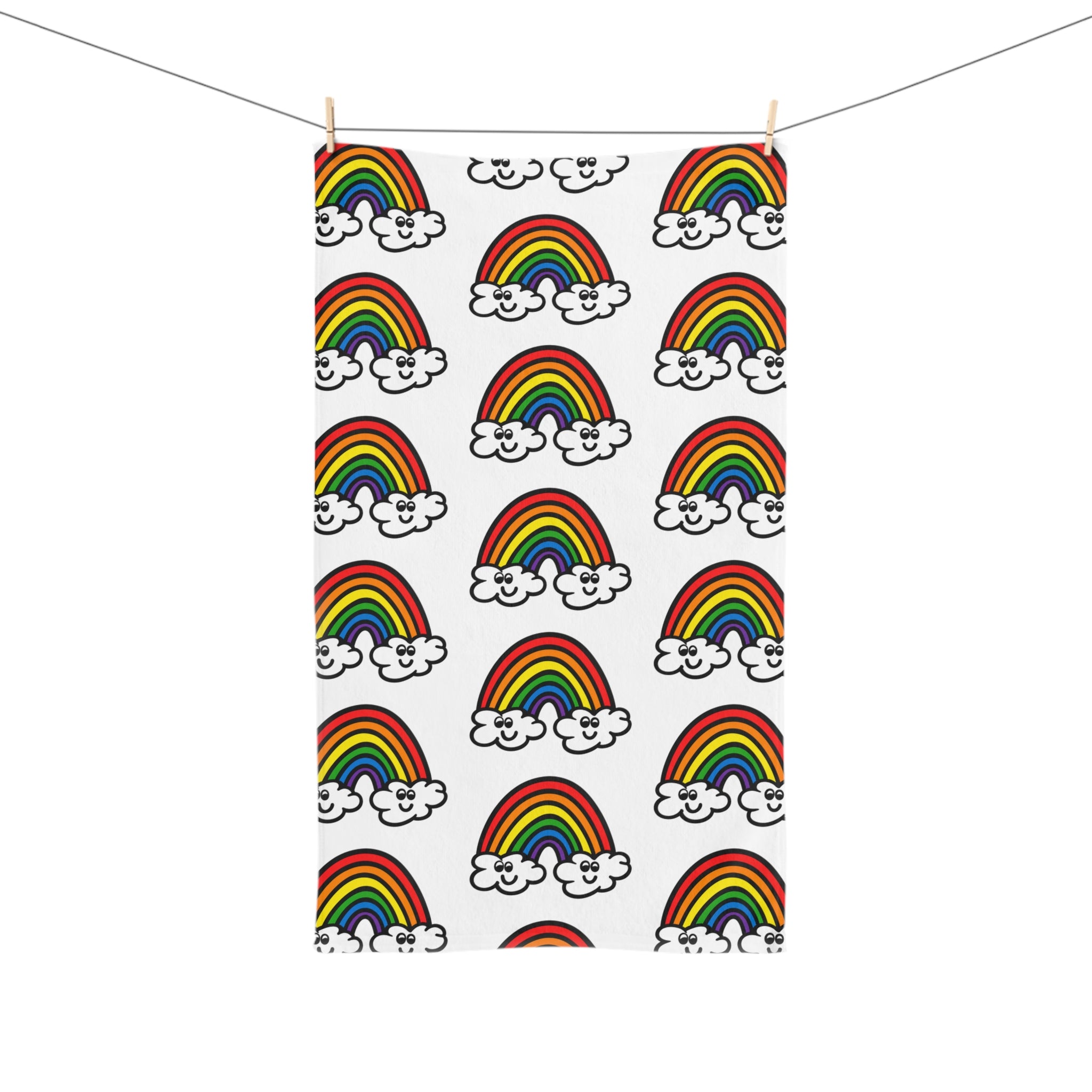 Hand-Drawn Smiling Rainbow Pattern Hand Towel | Cute Cloud Rainbows, Colorful Kids Bathroom