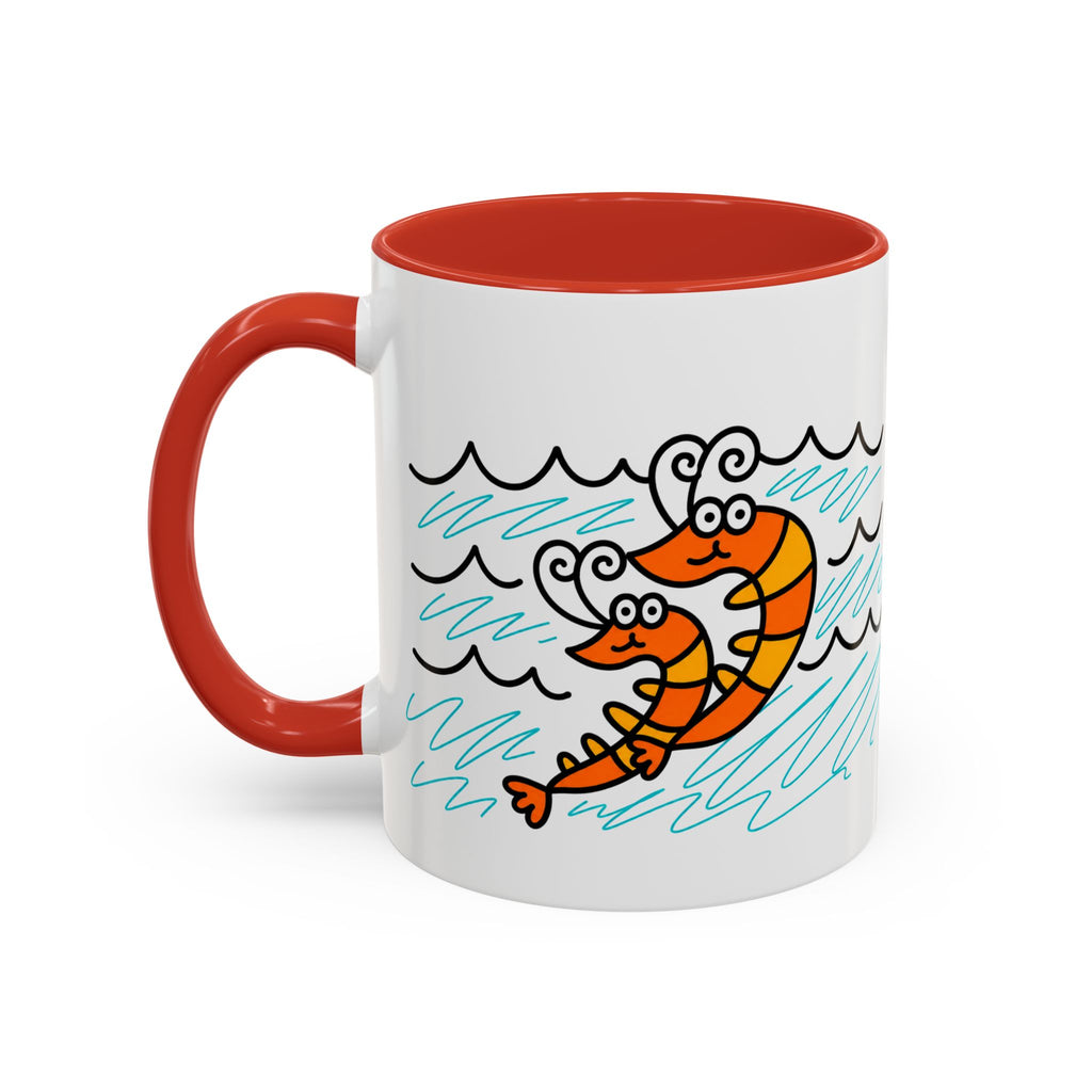 Hand-Drawn Two Shrimp Ocean Waves Mug | Coastal Seafood Ceramic Coffee Mug