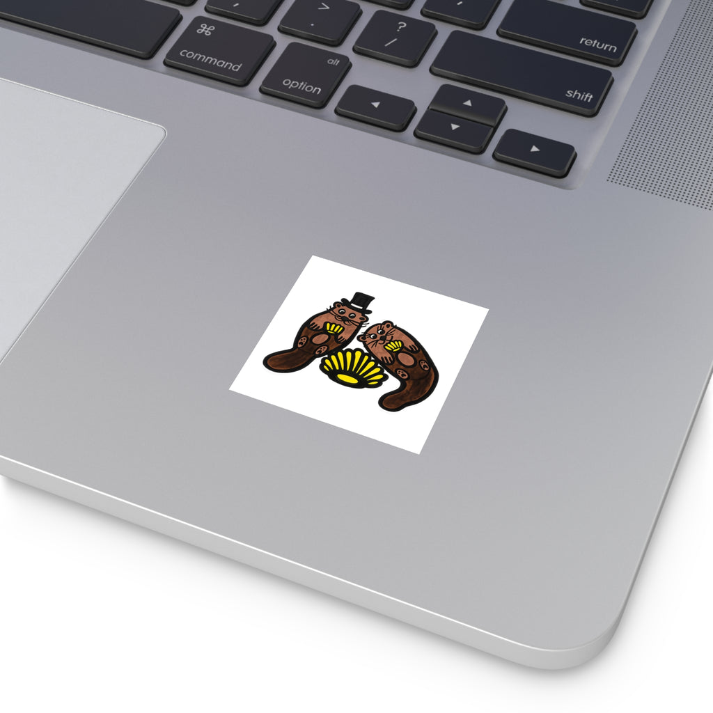 Hand-Drawn Otter Couple Shell Square Sticker | Indoor Outdoor Vinyl Sticker