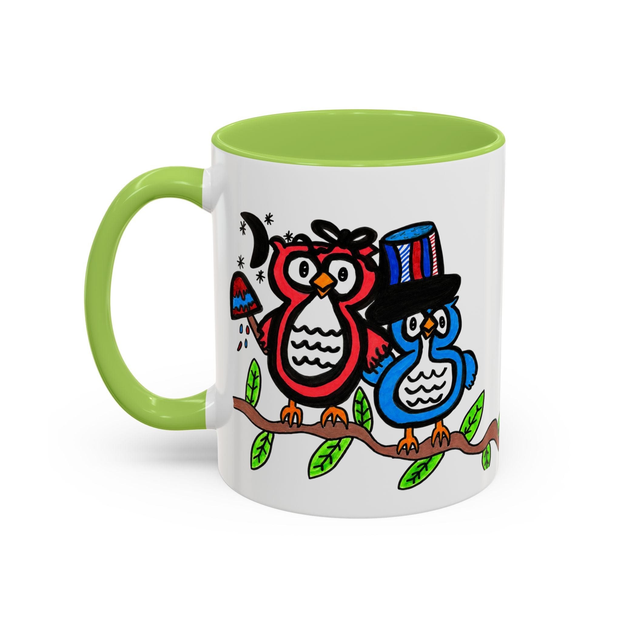 Hand-Drawn Patriotic Owls on a Branch Mug | Accent Coffee Mug 11oz 15oz